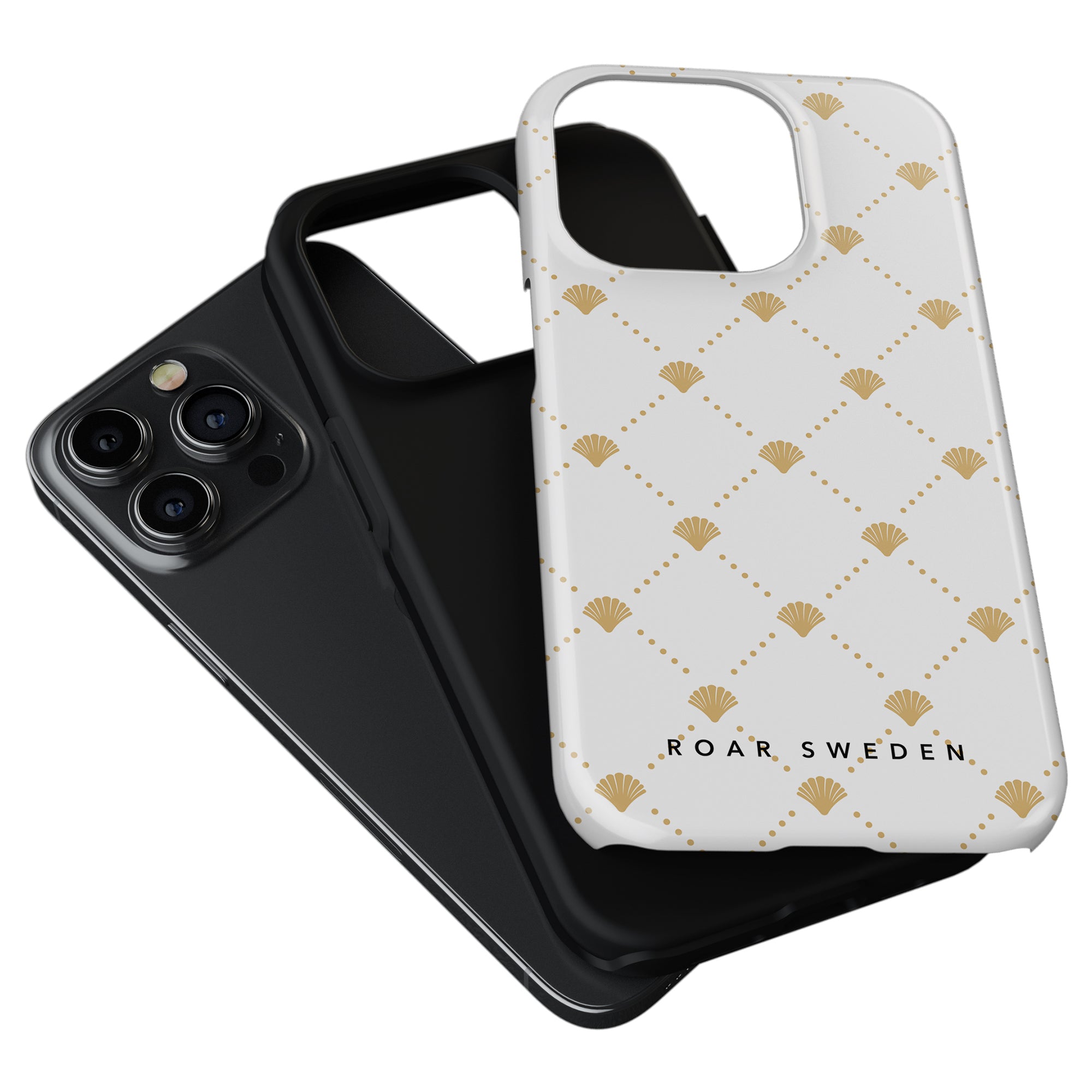 Two smartphone cases; one black, and one Luxe Shells White - Tough Case with a gold shell pattern, part of the Ocean Collection, labeled "ROAR SWEDEN." The white case is partially covering the back of a smartphone with a triple camera setup.