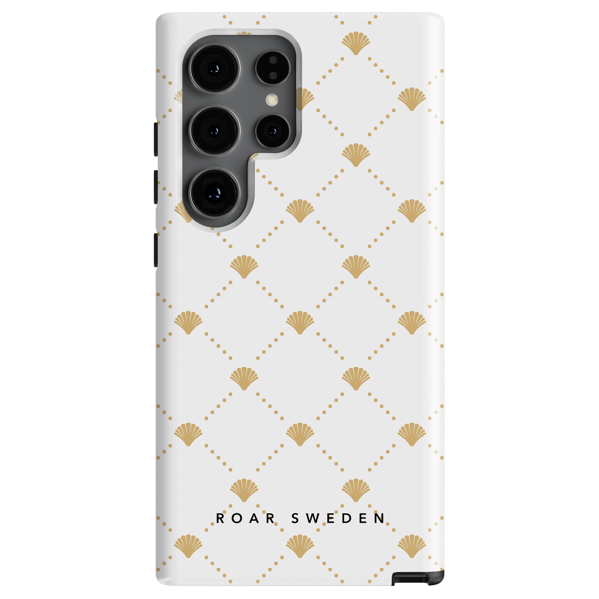White smartphone case with gold geometric and shell pattern, featuring three large and two small camera lens cutouts. Part of the Ocean Collection, this Luxe Shells White - Tough Case offers both elegance and durability. Text at the bottom reads "ROAR SWEDEN".