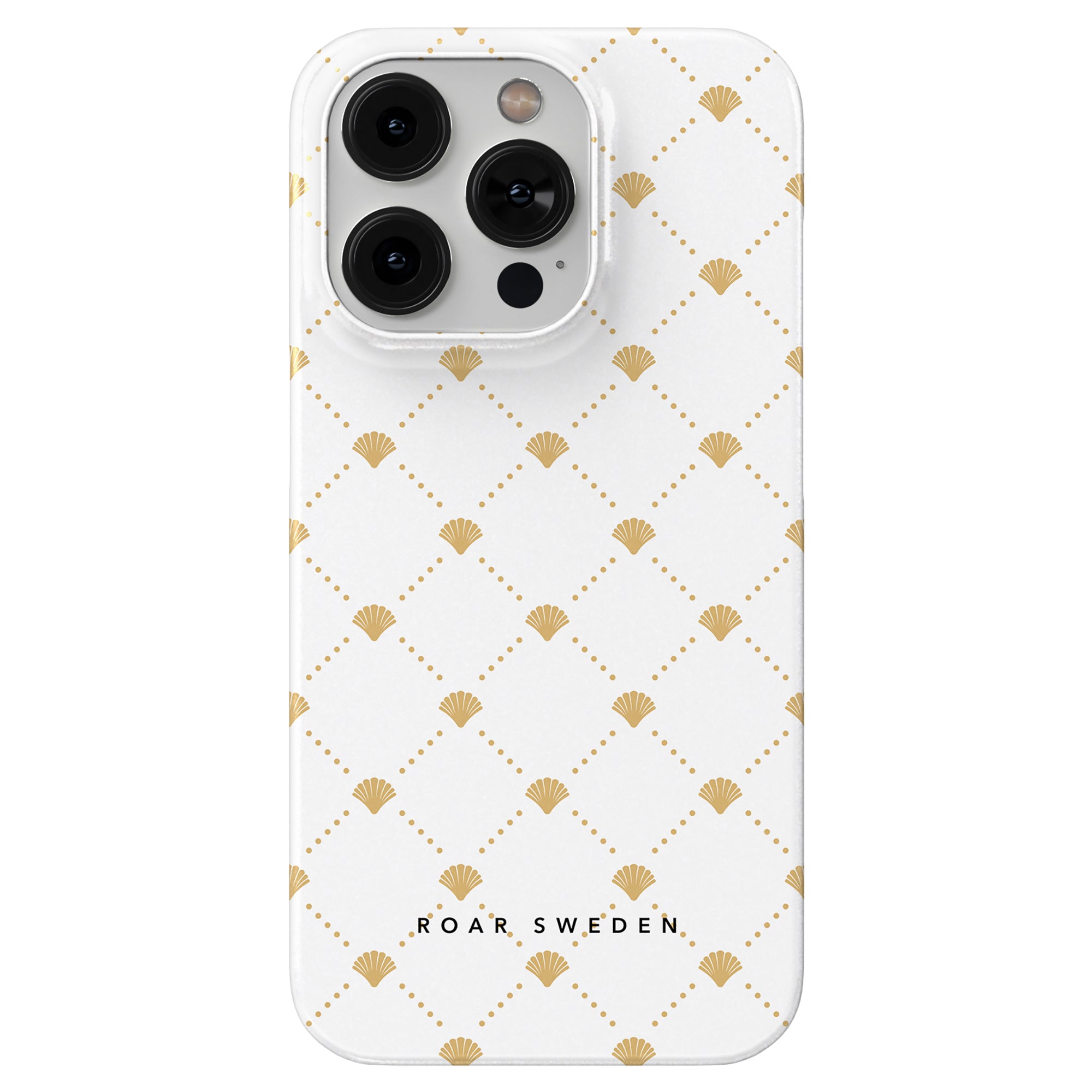 A smartphone with a Luxe Shells White - Slim case featuring a gold geometric pattern and the text "ROAR SWEDEN" at the bottom, part of the Ocean Collection.