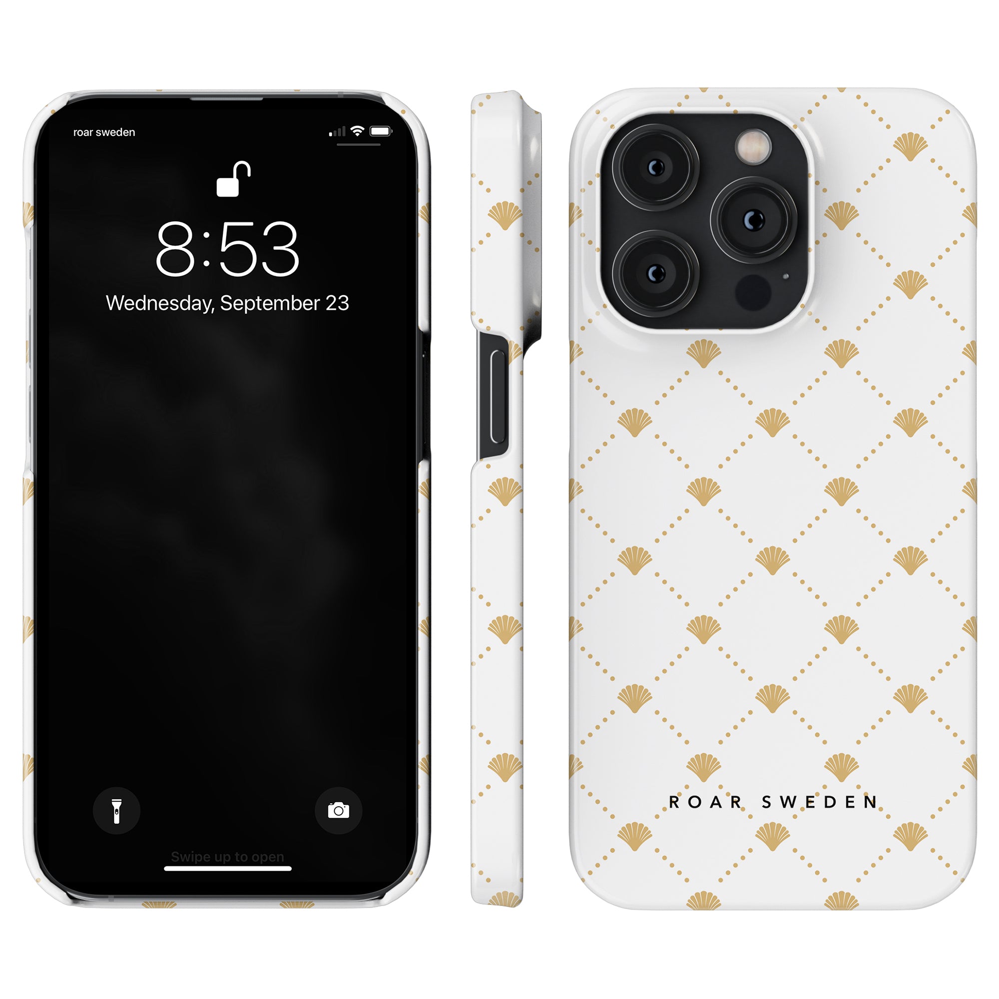 iPhone with a Luxe Shells White - Slim case from Roar Sweden's Ocean Collection, displaying the lock screen with the time 8:53 and date Wednesday, September 23.