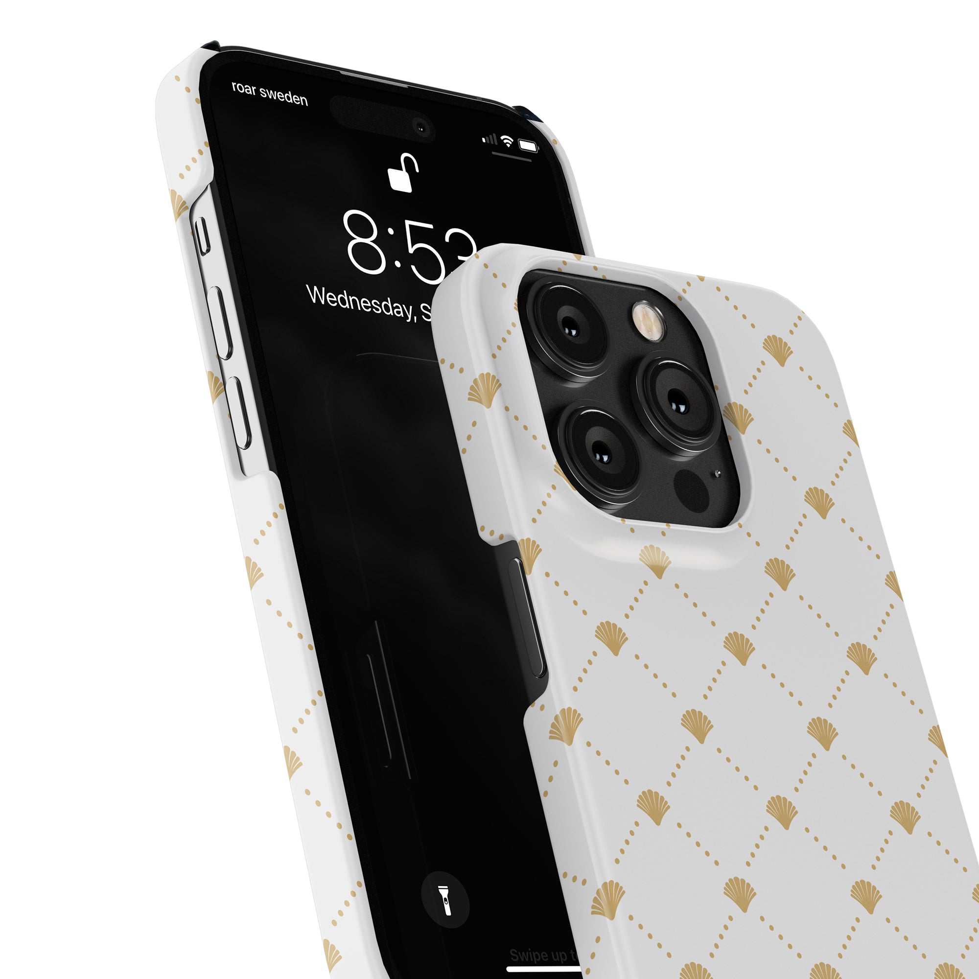 A close-up of a smartphone with a Luxe Shells White - Slim case from the Ocean Collection, featuring a white and gold patterned design reminiscent of gyllene snäckskal. The phone screen displays the time as 8:53 and the date as Wednesday, September 7.