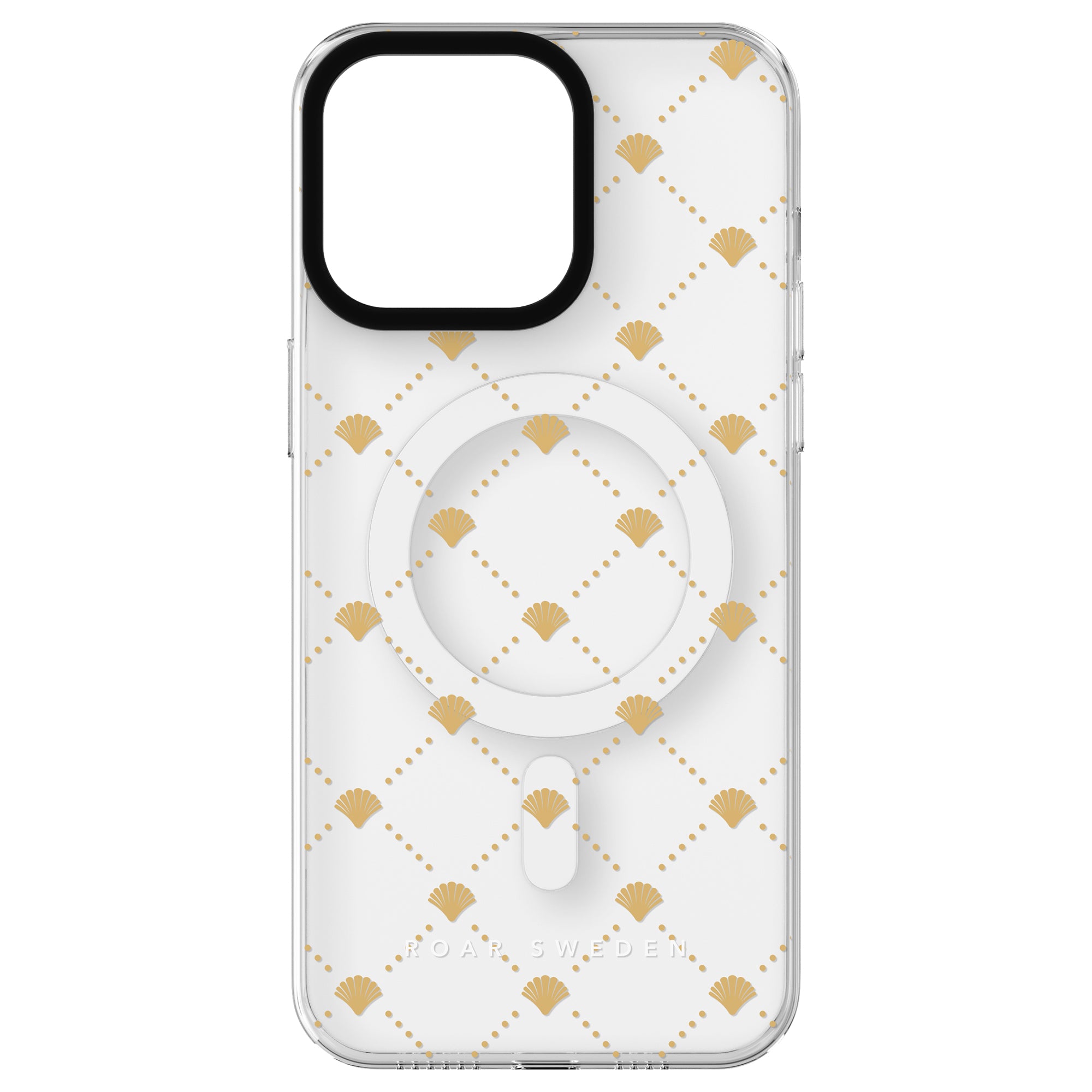 Clear smartphone case from the Ocean Collection featuring a gold Luxe Shells - MagSafe pattern and MagSafe compatibility.
