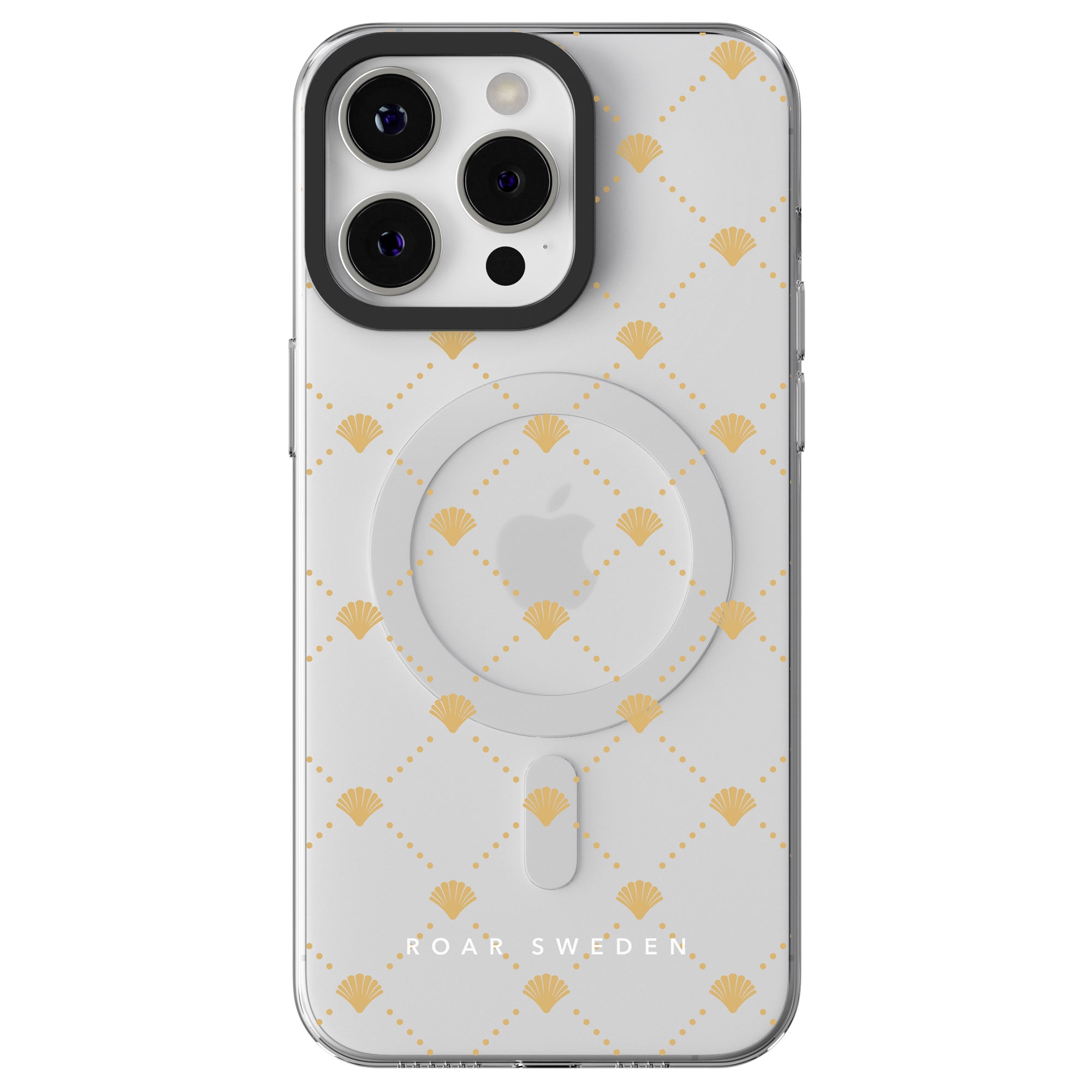 A white iPhone with a camera module featuring three lenses, adorned with a gold geometric pattern of shells from the Luxe Shells - MagSafe and the text "ROAR SWEDEN" at the bottom.