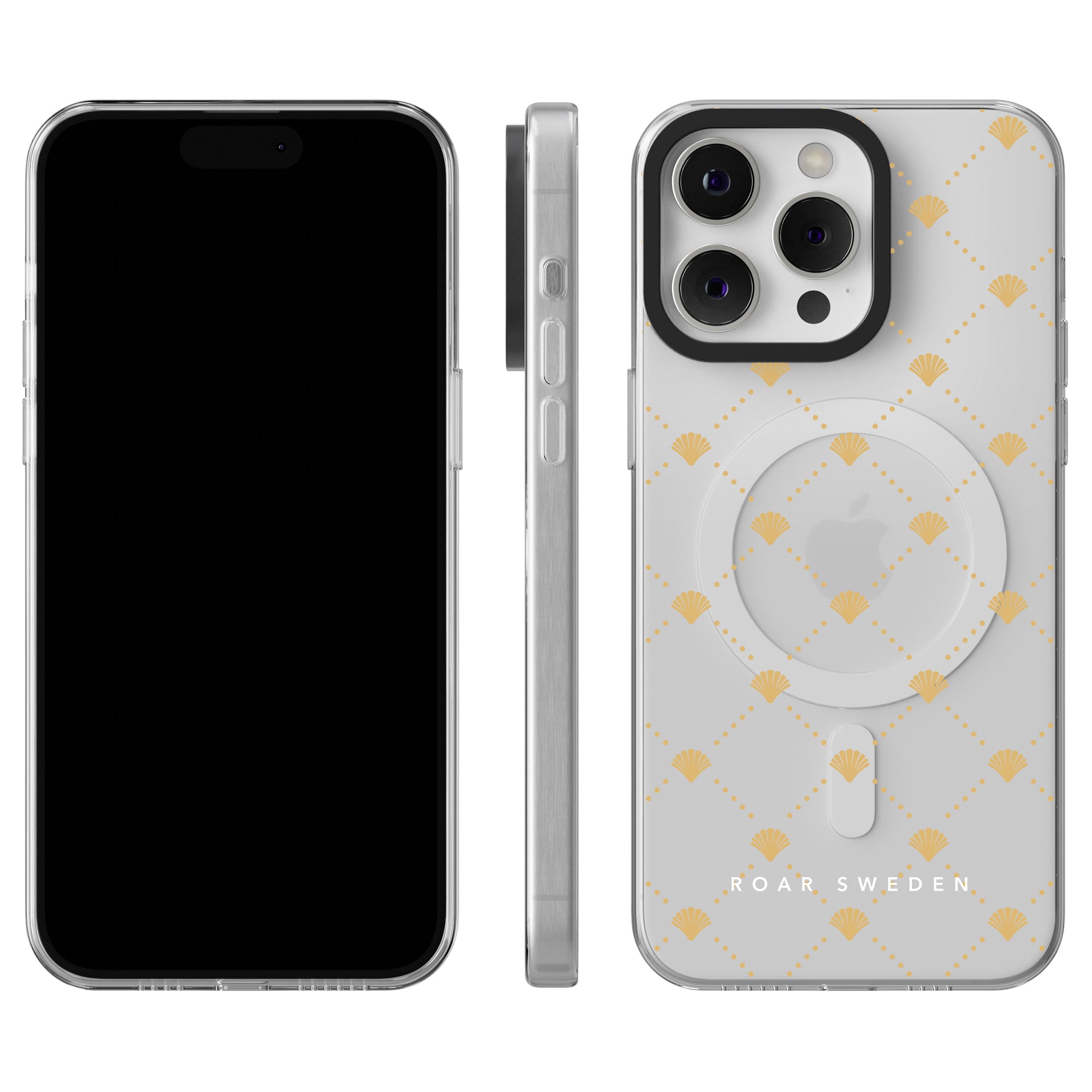 A clear Luxe Shells - MagSafe phone case with a gold pattern and the text "ROAR SWEDEN" displayed on an iPhone. The image shows front, side, and back views of the MagSafe Case.