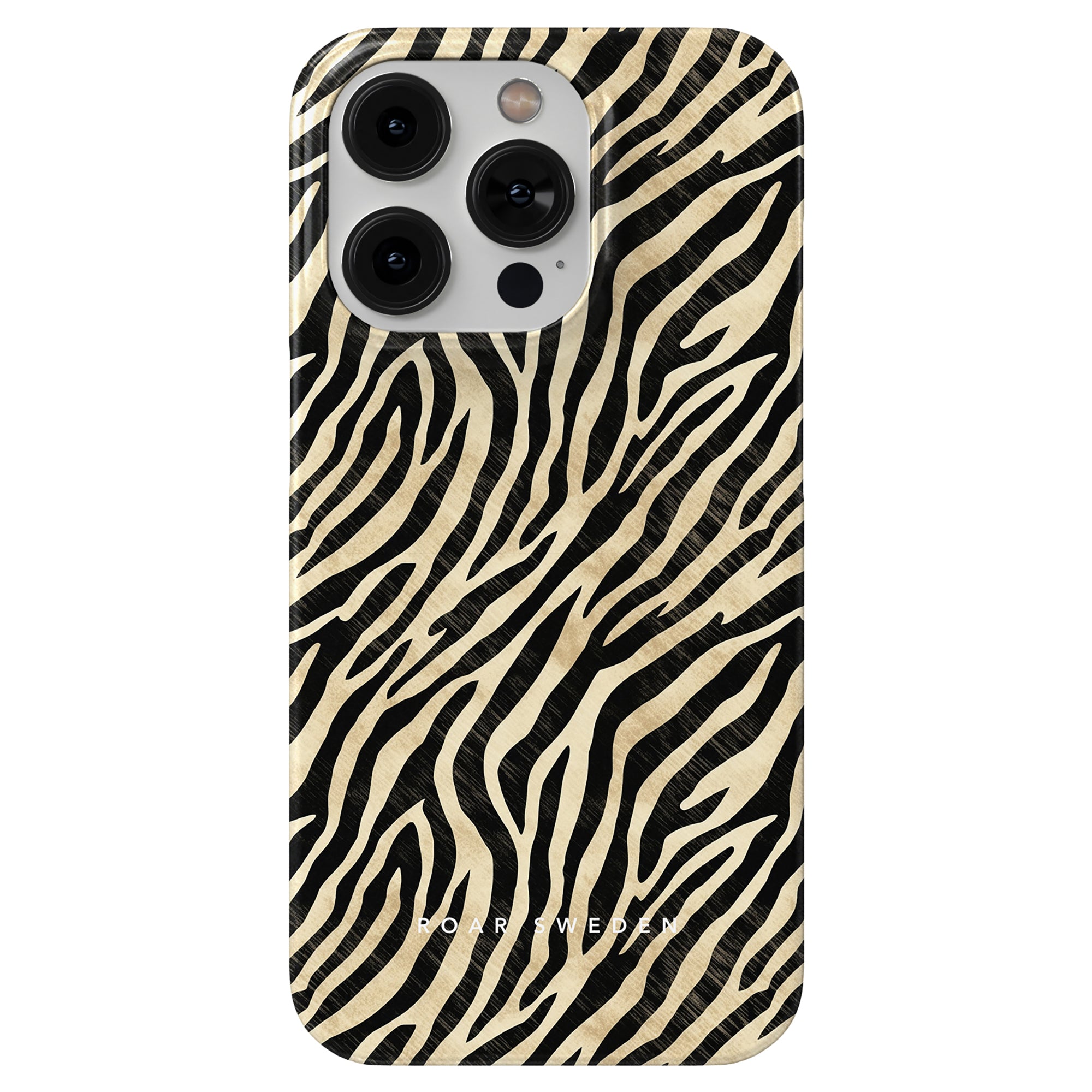 A smartphone with a Marty - Slim case from the Zebra Collection featuring three rear cameras and a flash. The brand name, "Nordgreen," is visible on the lower part of the case, enhancing its sleek design.