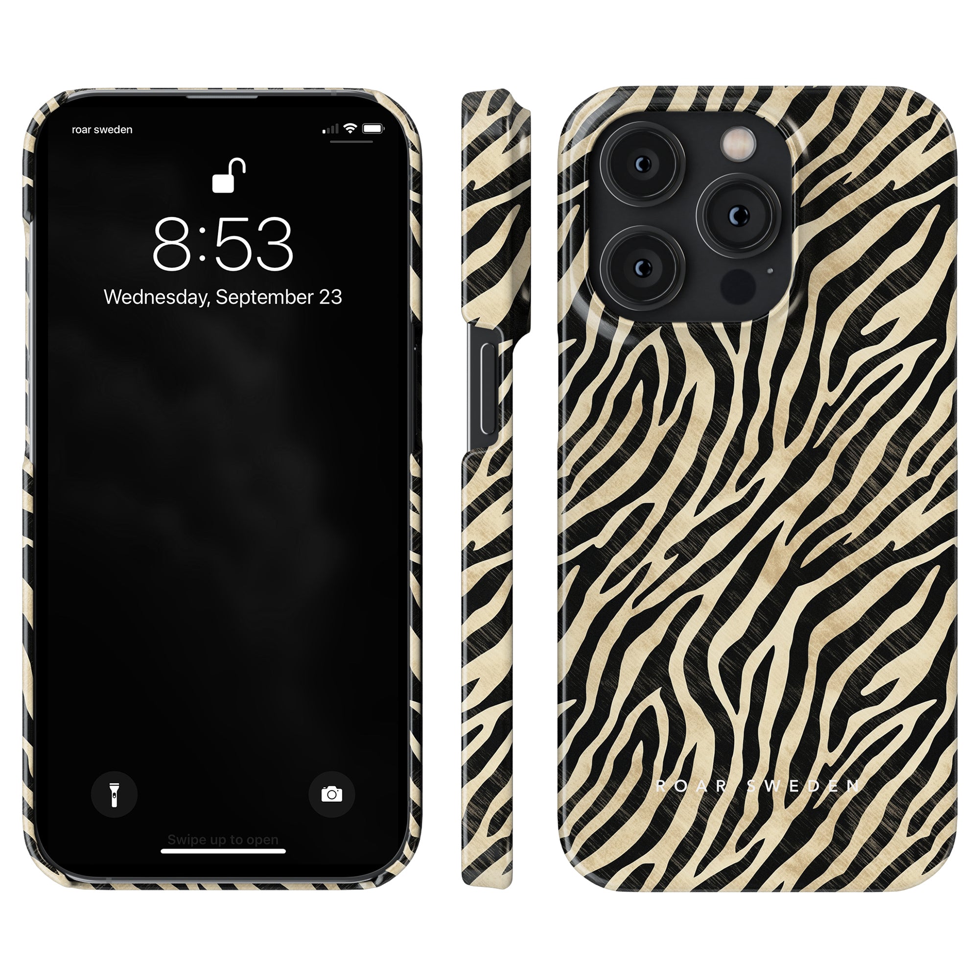 A smartphone from the exclusive Zebra Collection with a Marty - Slim case is displayed from the front and back, showing the lock screen with the time and date, and a side view of the stylish mobilskal.