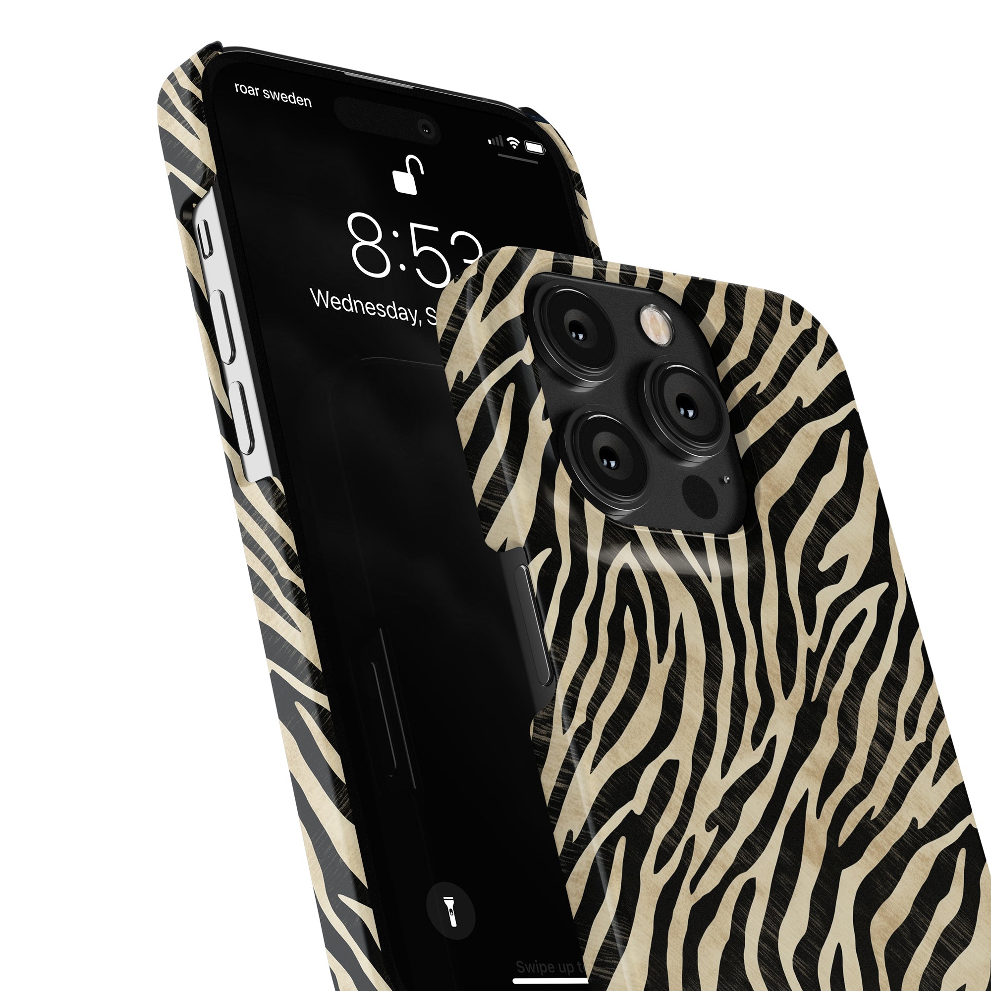 A smartphone with a Marty - Slim case from the Zebra Collection displays the time as 8:53 and shows a partial lock screen. The phone is positioned at an angle with the camera lenses visible.