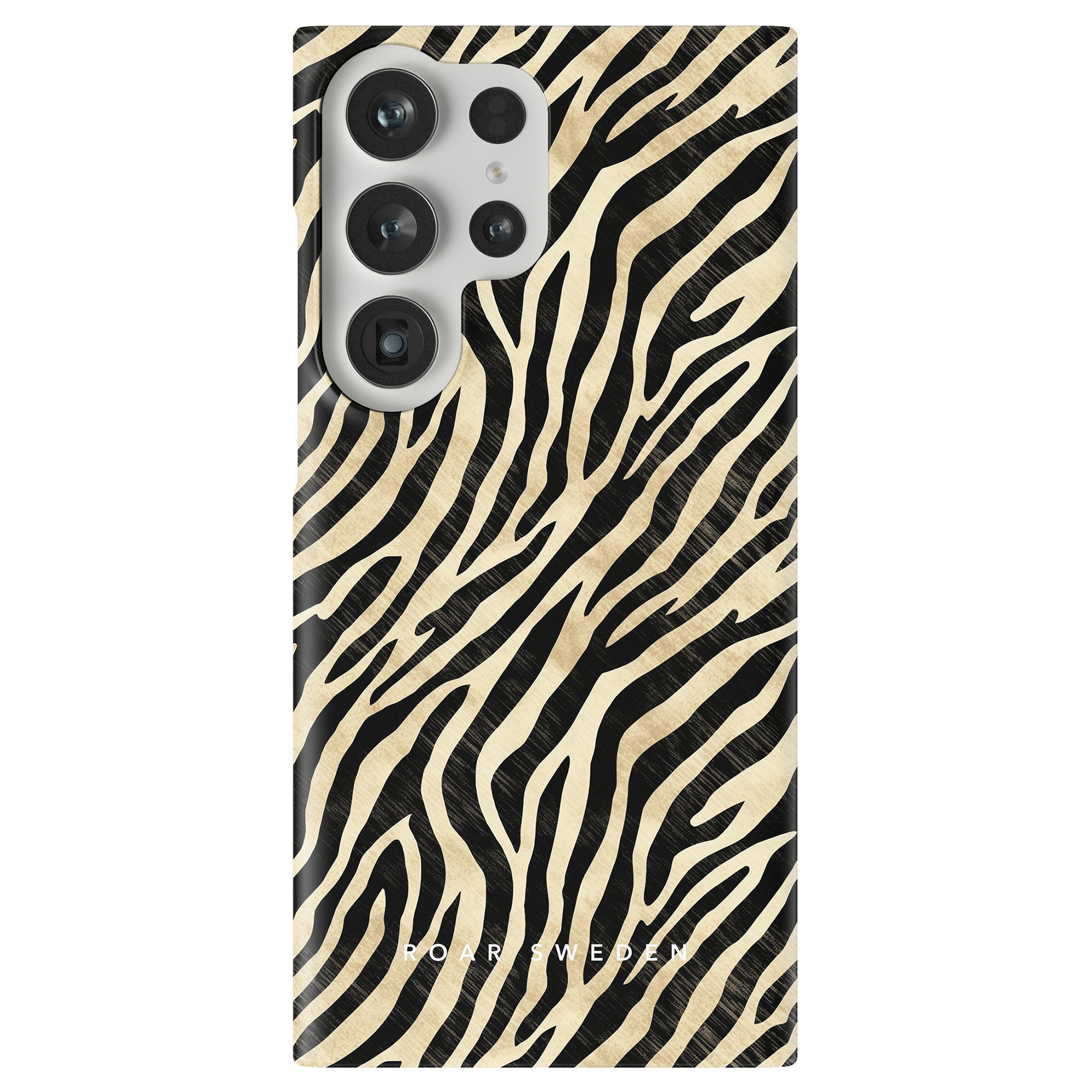 A smartphone with a Marty - Slim case from the Zebra Collection is displayed, highlighting its camera array at the top left.