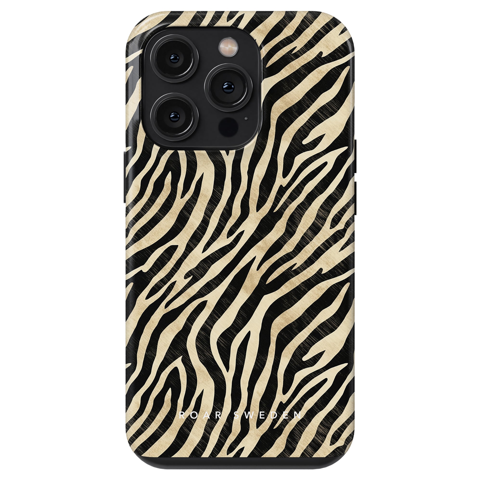 Introducing the Smartphone with a black and beige zebra print case from our Zebra Collection, featuring robust skydd and three camera lenses on the back. This Marty - Tough Case ensures style and durability in one elegant package.