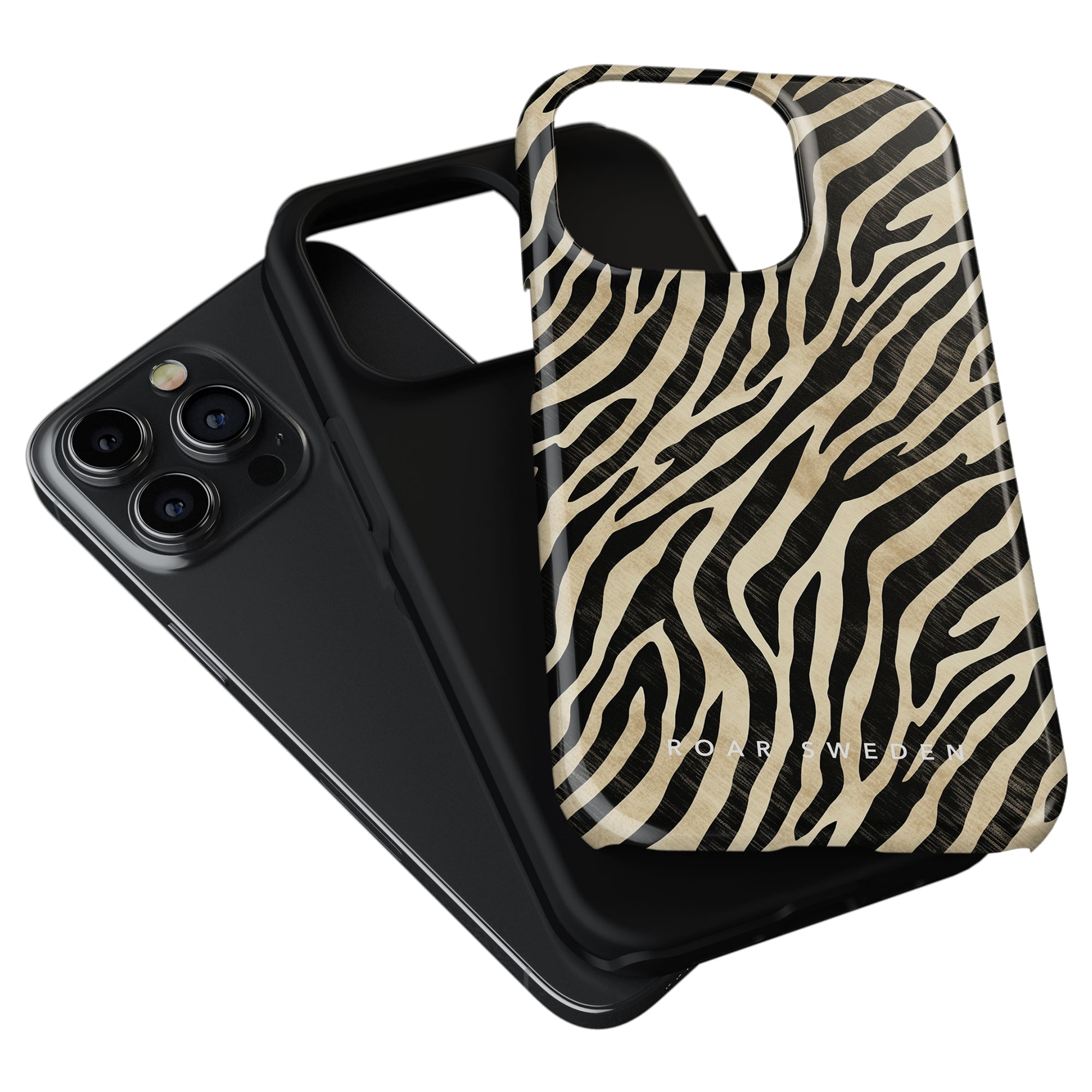 Two smartphone cases, one from the "Marty - Tough Case" line in plain black and one with a zebra print design from our Zebra Collection, positioned with a smartphone. The zebra print case is slightly raised above the black one, offering stylish yet robust skydd.