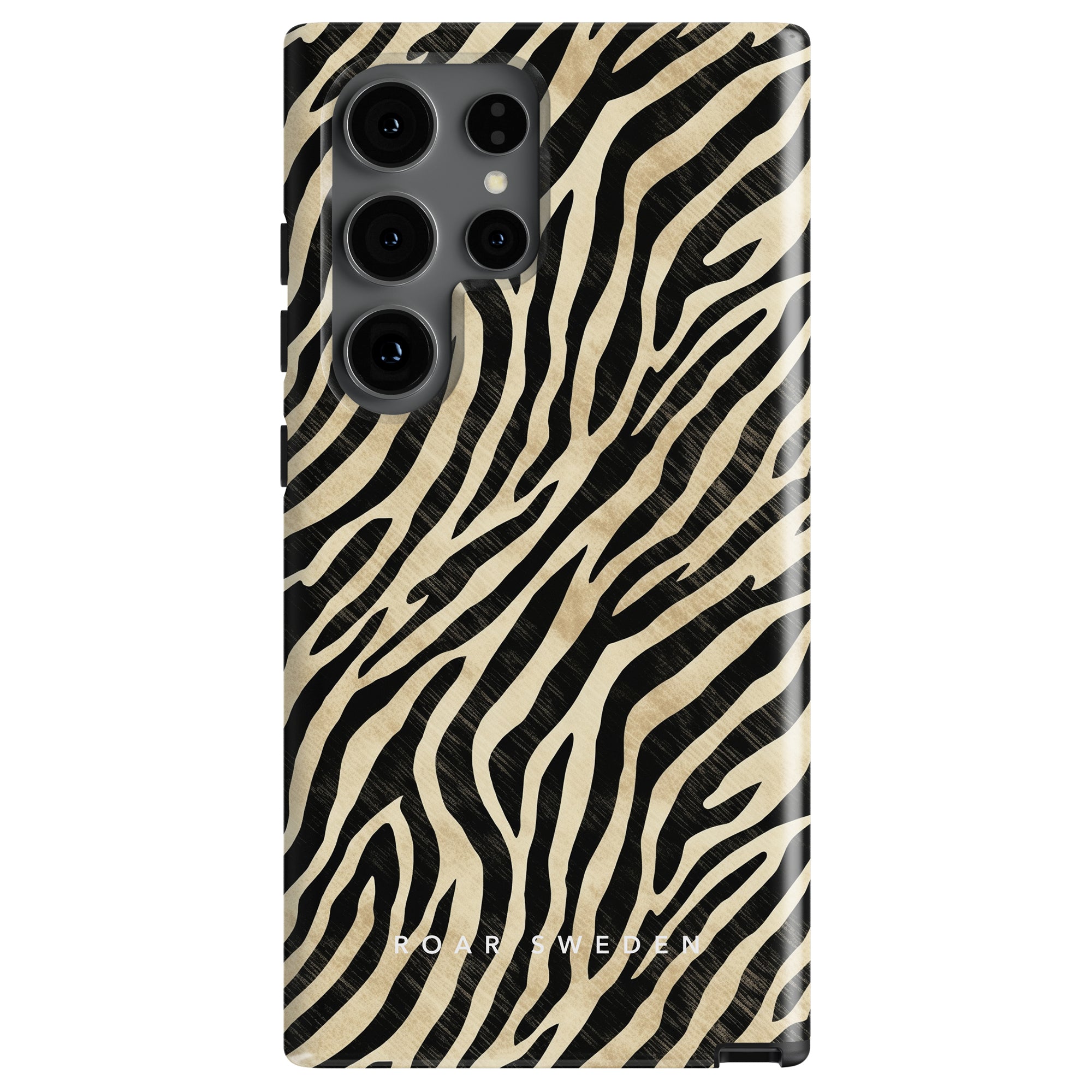 A smartphone with a zebra-striped case from the Zebra Collection, featuring multiple camera lenses and the brand name "ROAR SWEDEN" at the bottom. This Marty - Tough Case offers robust skydd for your device.