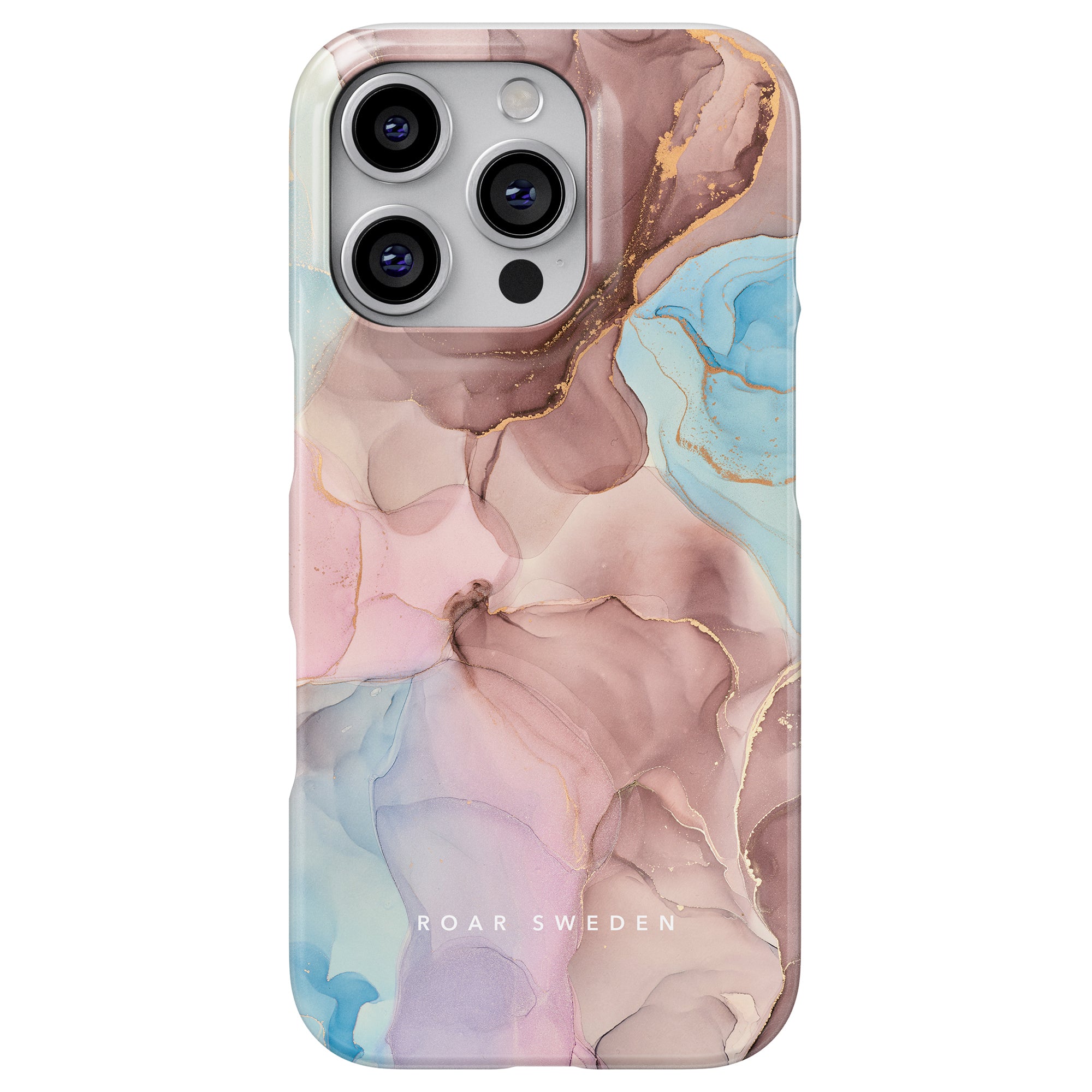 Denna smartphone har Marvelous - Slim fodral från Marble Collection, som visar en livfull abstrakt marmordesign med mjuka virvlar av rosa, brunt och blått. Orden "Roar Sweden" finns elegant med på fodralet.