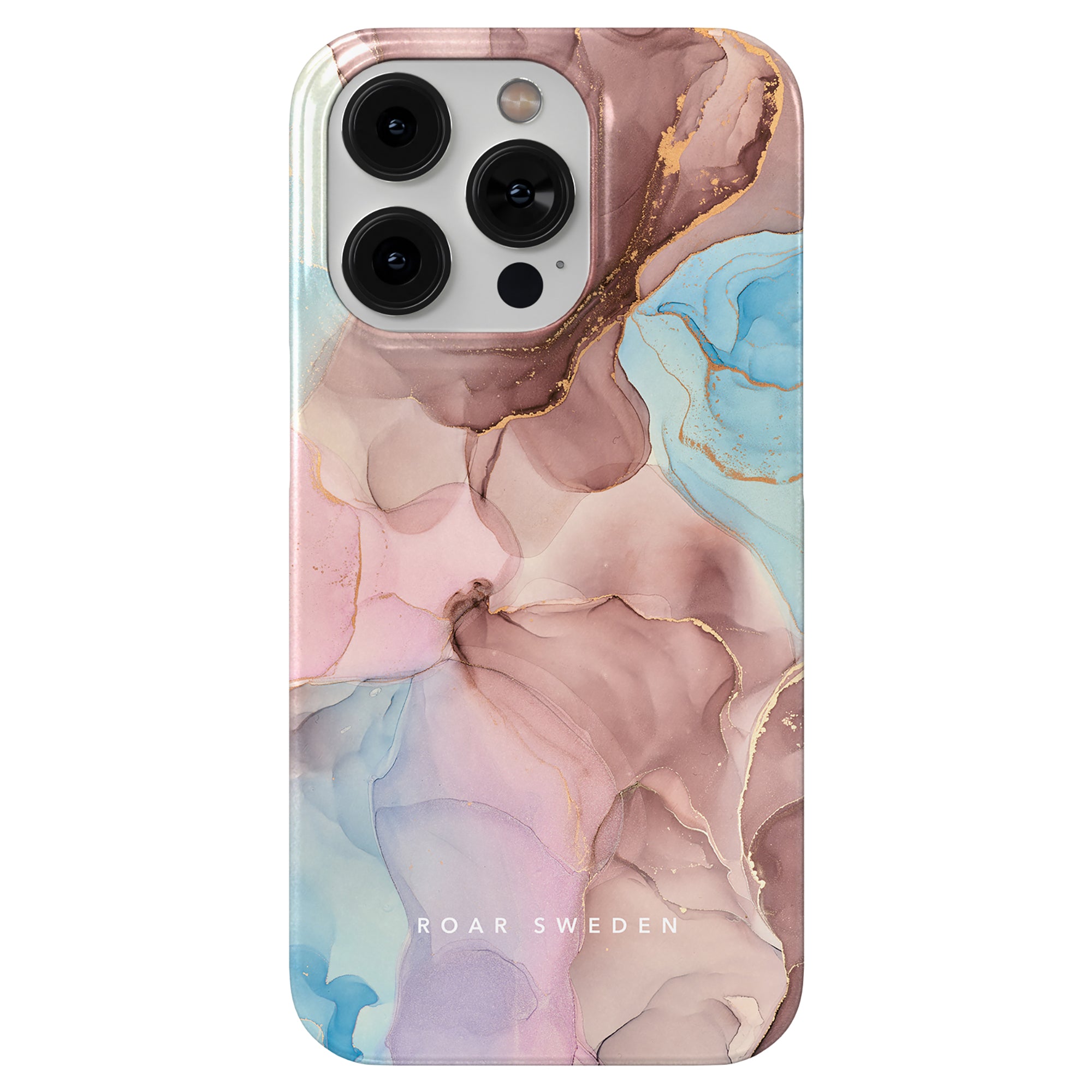 A smartphone in a Marvellous slim case from the Marble Collection featuring an abstract, pastel-colored design with swirls of pink, blue, and brown. The lyxigt mobilskal is adorned with "ROAR SWEDEN" written at the bottom.