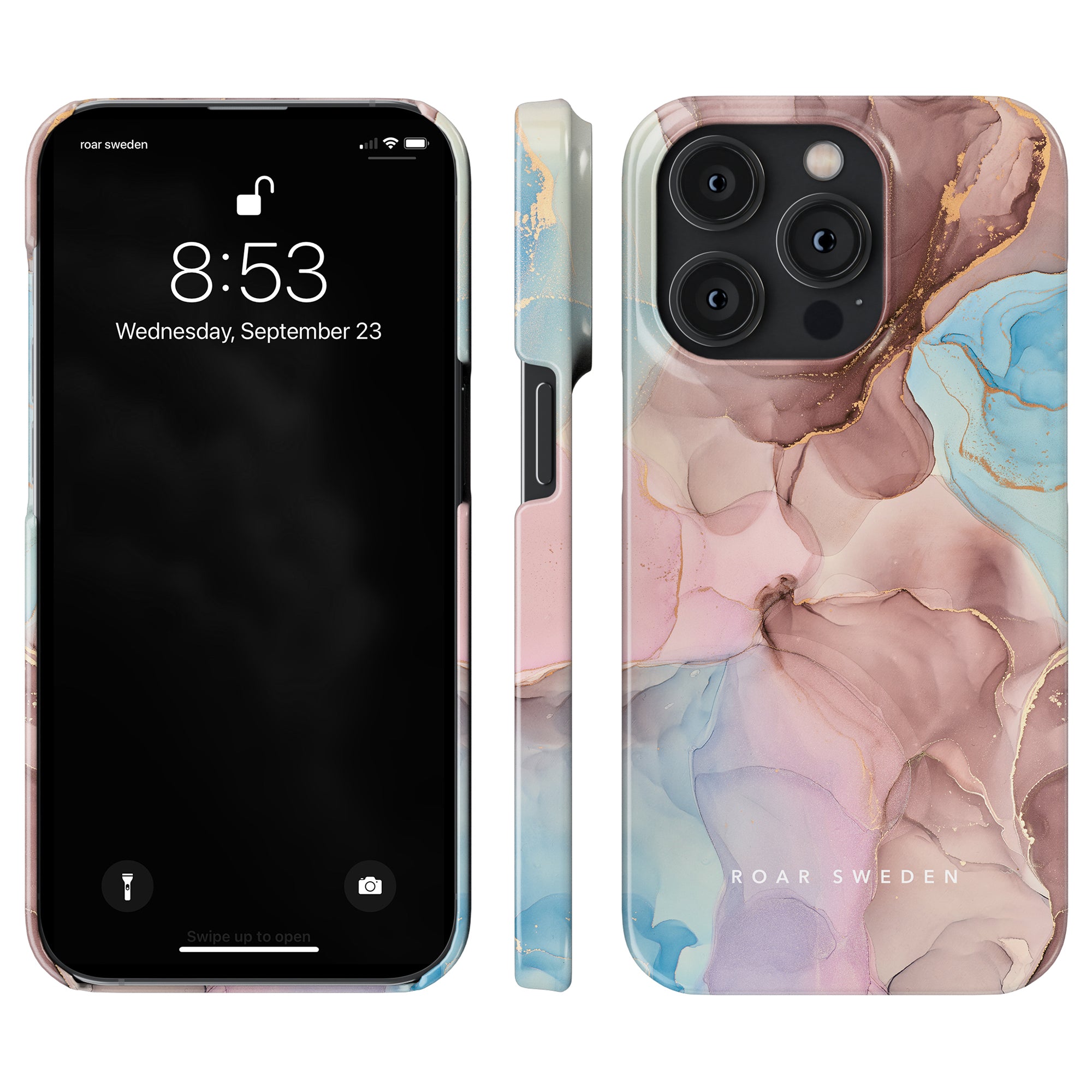 A smartphone with the lock screen showing the time 8:53 and date Wednesday, September 23 is enclosed in a slim case featuring a pastel-colored, marbled design from the Marble Collection. The case, branded "ROAR SWEDEN," offering a luxurious experience, is called Marvellous - Slim case.