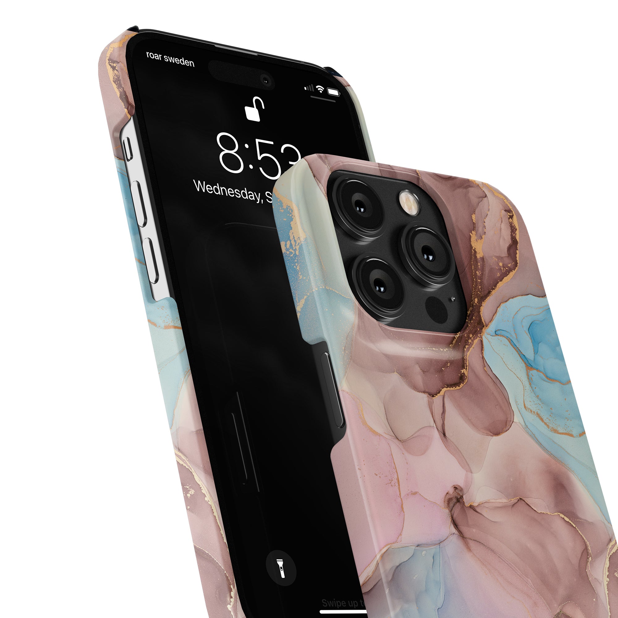 A smartphone with the Marvellous - Slim case, featuring a colorful, abstract design from the Marble Collection, is shown with its lock screen displaying 8:53 and the date Wednesday, September 6. The phone's camera lenses are visible on the back.