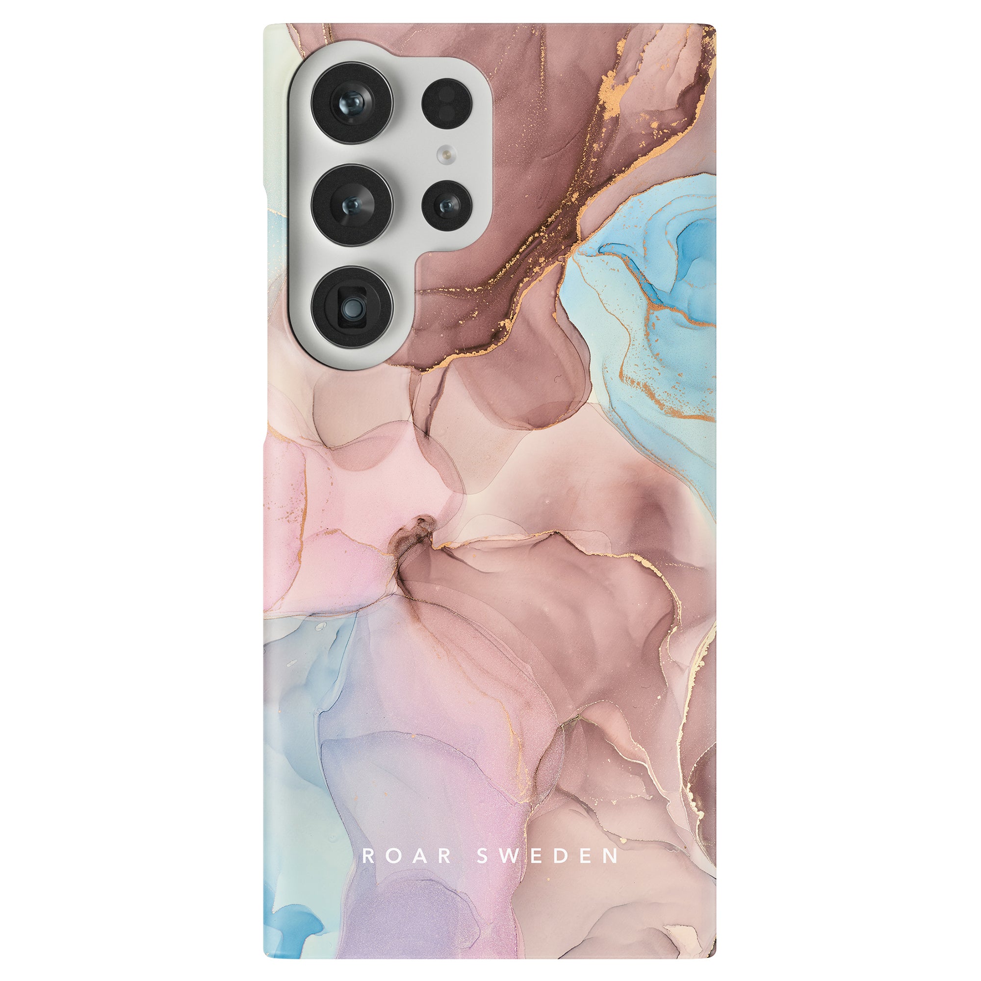 Smartphone with a colorful, abstract, marble-patterned Marvellous - Slim case from the Marble Collection, featuring shades of pink, blue, and brown. This skyddande accessoar has the text "ROAR SWEDEN" at the bottom.