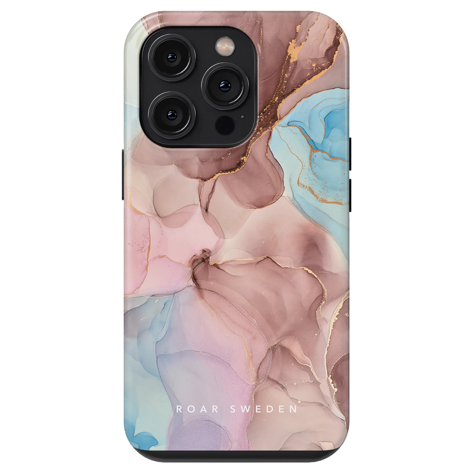 The Marvellous - Tough Case from the Marble Collection is a smartphone case featuring an abstract pastel design in pink, blue, and gold colors, with the text "ROAR SWEDEN" at the bottom.