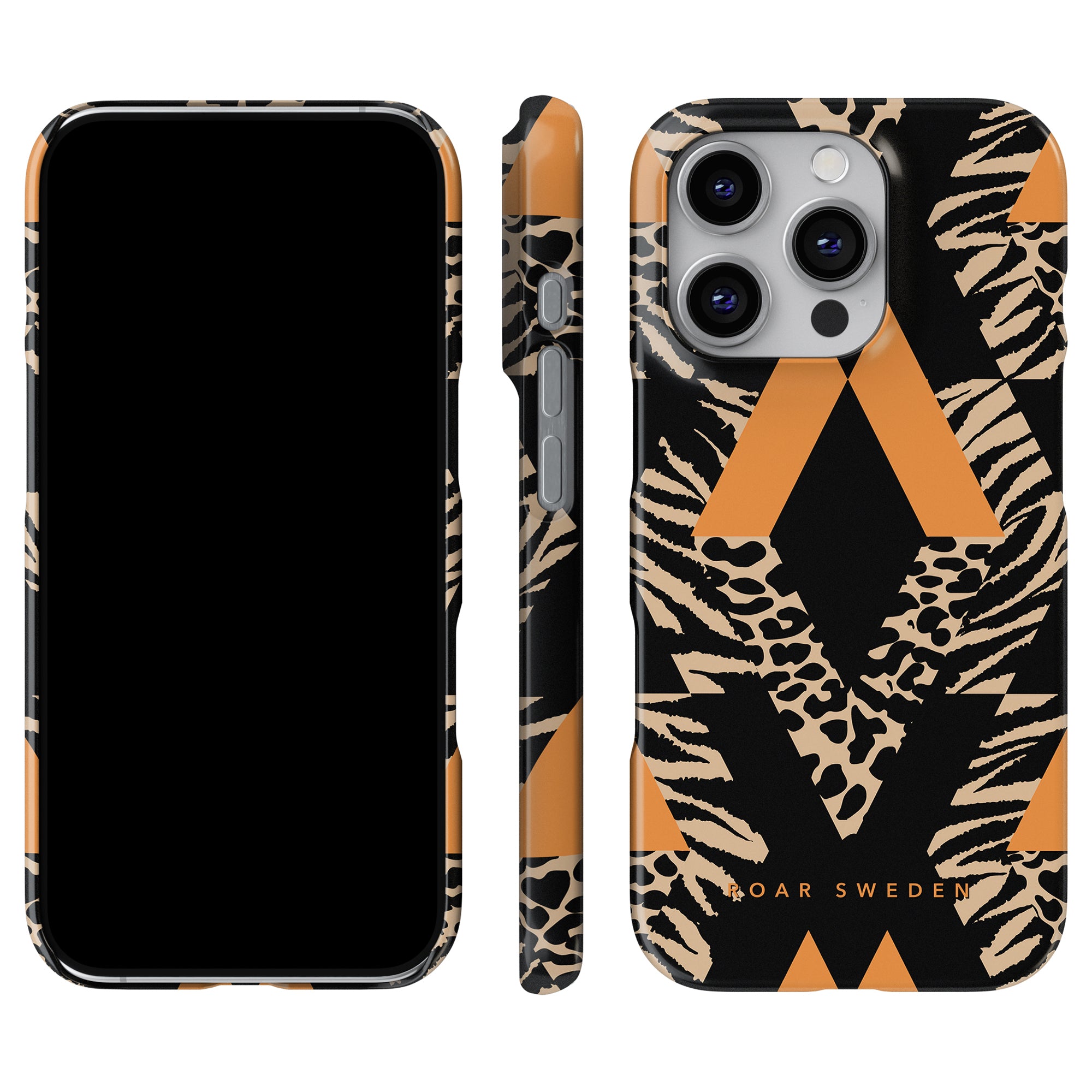 Miami - Slim case for smartphones provides robust protection with a striking black, tan, and leopard print design, showcasing its front, side, and back views.