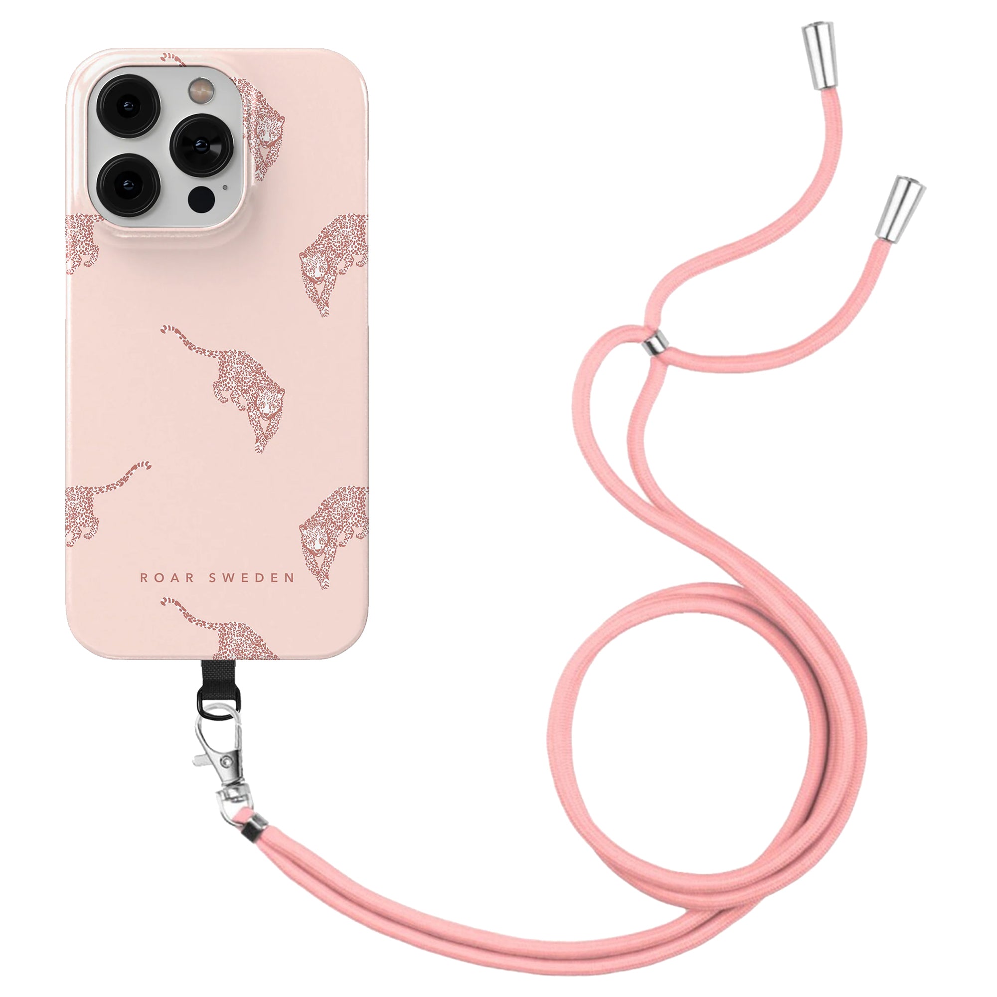 A pink phone case with leopard prints and the text "ROAR SWEDEN," attached to a matching pink, Mobilhalsband för mobilskal - Rosa.