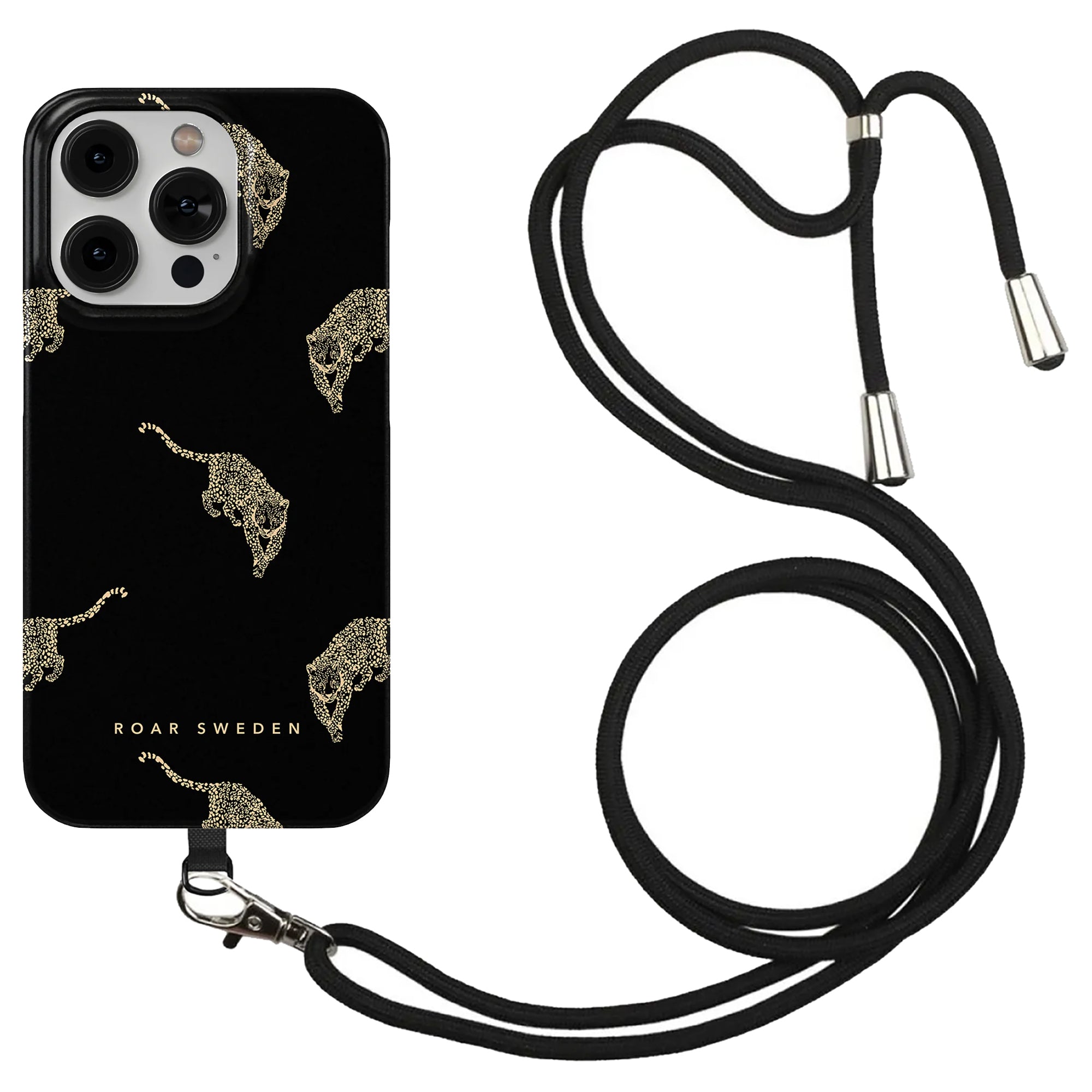 A black smartphone case with gold leopard designs and the text "Roar Sweden" is attached to a Mobilhalsband för mobilskal - Svart, featuring a black lanyard with silver accents.