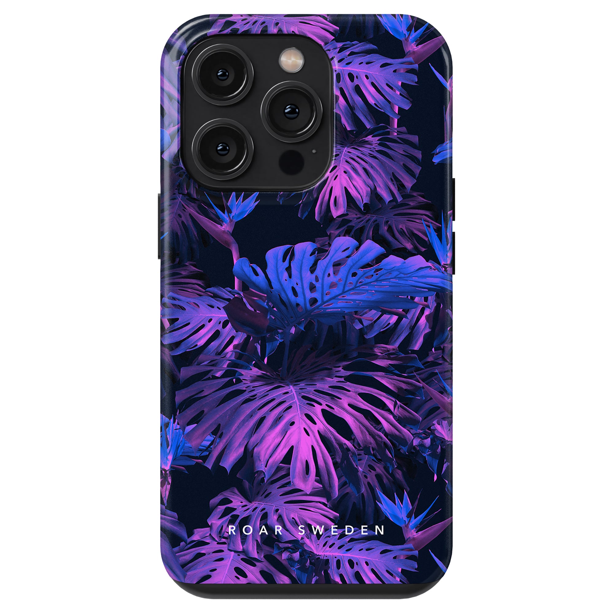 A neon Monstera Night - Tough Case, mobilskal, med tropiska löv i nyanser av lila och blått.