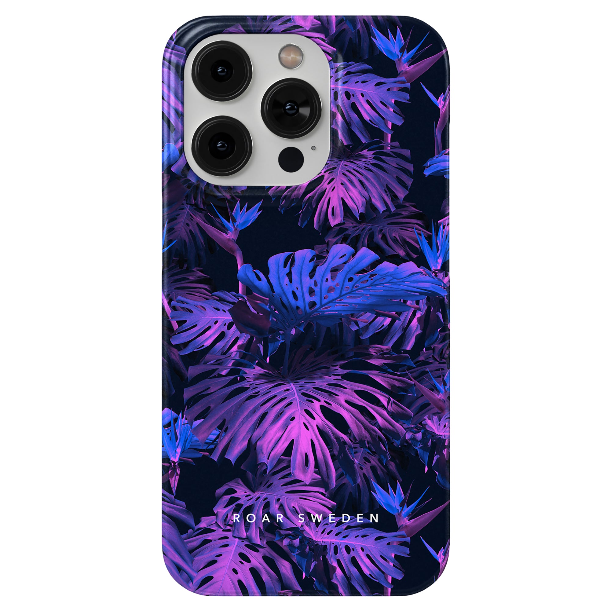 Ett neonlila och blått Monstera Night - Slim fall telefonfodral med tropiska löv tillverkat av högkvalitativa material.