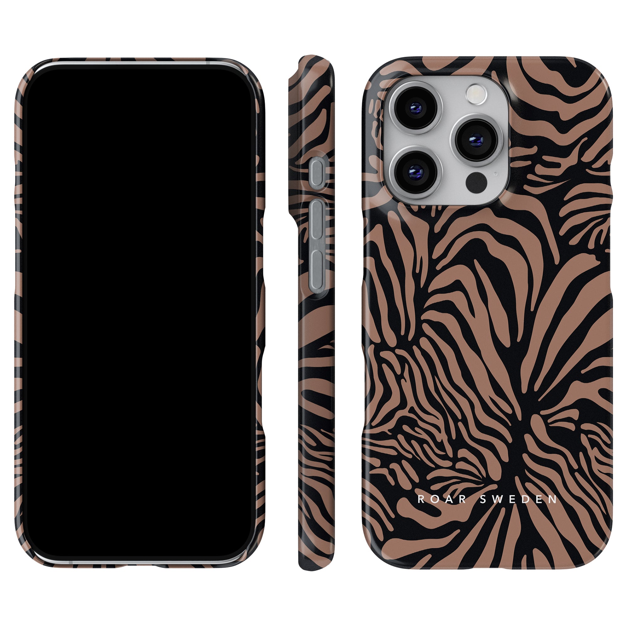 Smartphone med Mousse Stripes slimmad fodral, med en slående design med zebramönster med vyer framifrån, från sidan och baksidan. En del av den eleganta Tiger Collection av ROAR SWEDEN.