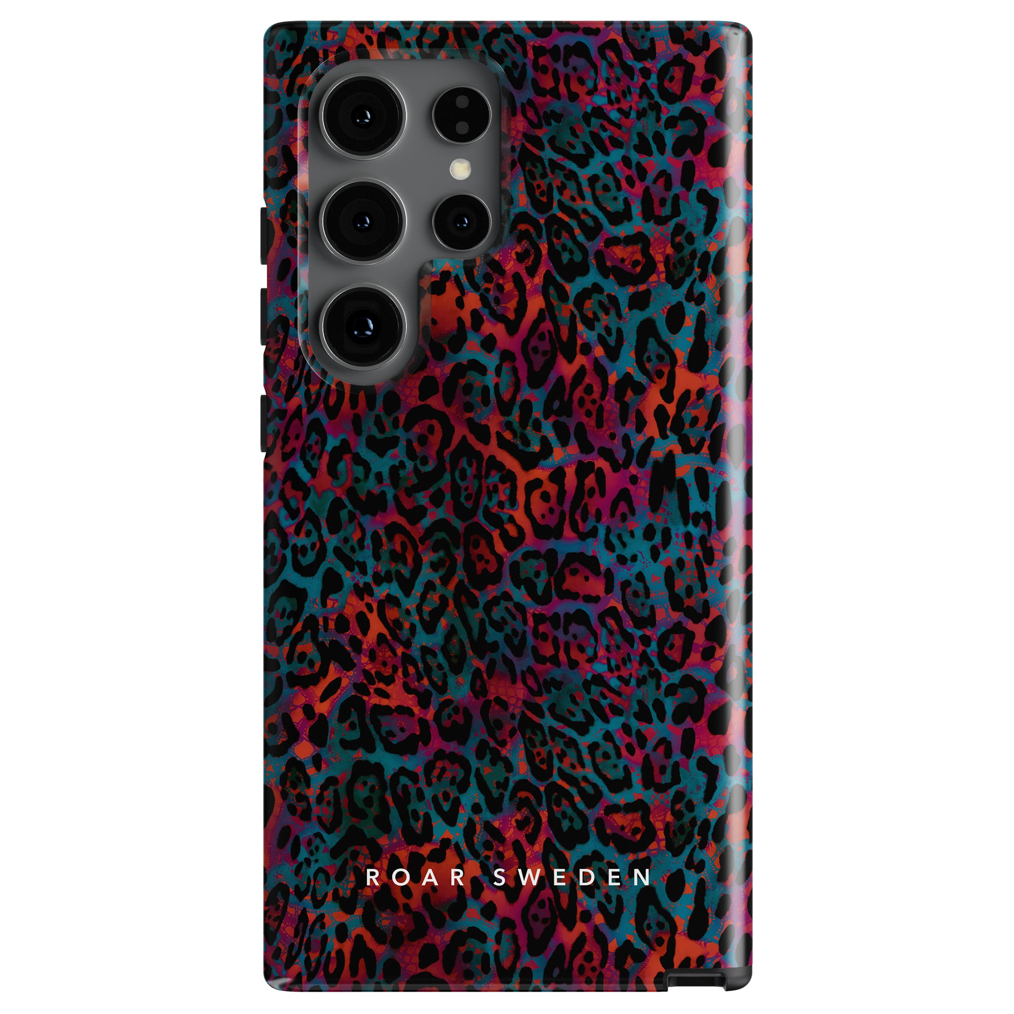 A smartphone with a multicolored leopard print case and multiple camera lenses on the back. The text "ROAR SWEDEN" is visible at the bottom of the Mysterious Jaguar - Tough case, offering a unique, stylish skydd för din smartphone.