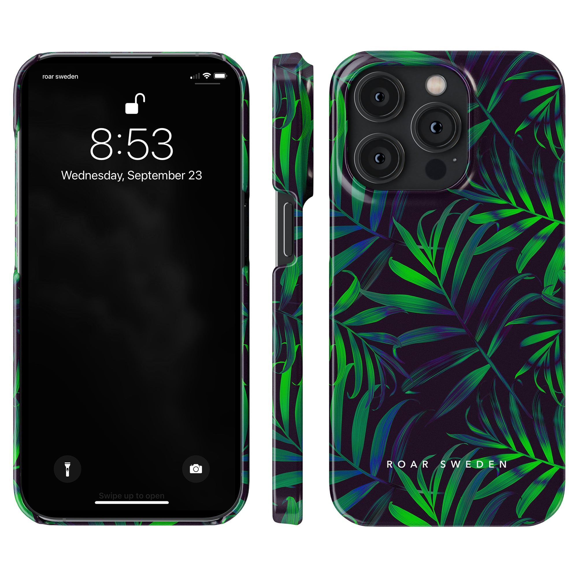 Ett grönt och blått Mysterious Jungle - Slimt fodral med palmblad på. Mobilskalen är vackert designad för att skydda din telefon samtidigt som den lägger till en touch av naturinspirerad stil. Dess livfulla färger gör att den sticker ut.