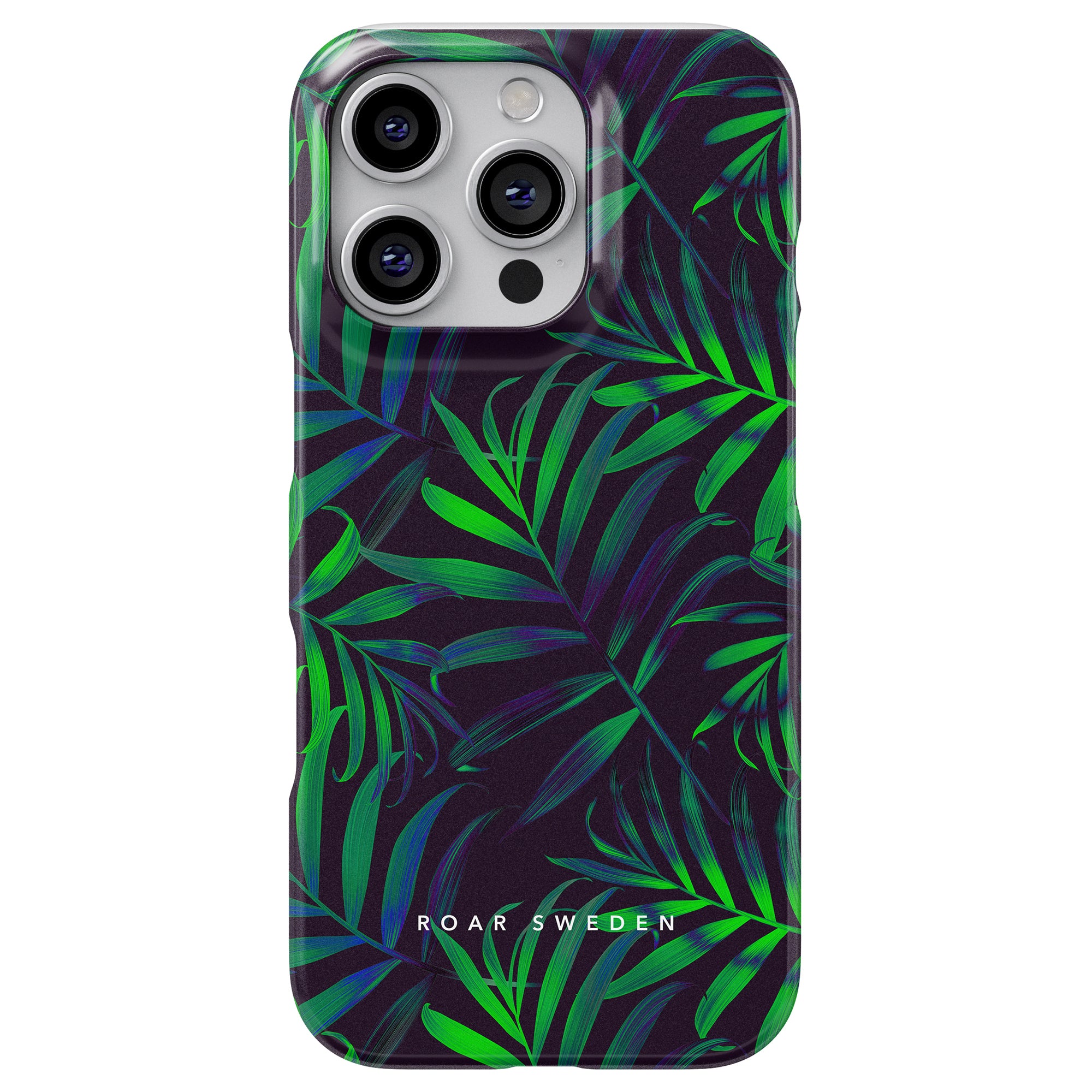 En smartphone med exotisk design, med ett tropiskt lövmönstrat Mysterious Jungle - Slim fodral från "Roar Sweden", erbjuder elegant skydd för din enhet.