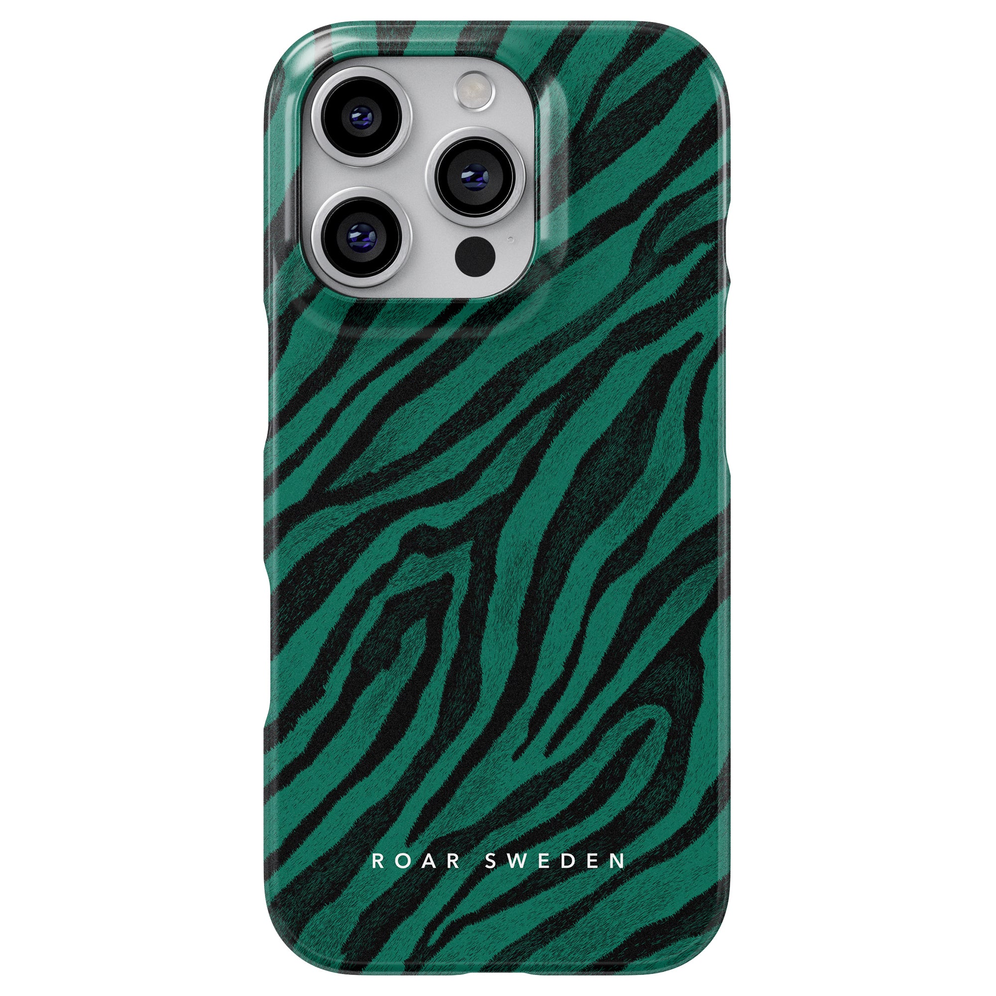 A smartphone encased in the Nala - Slim case featuring a stylish green and black zebra stripe pattern. This djurlivsinspiration design from "Roar Sweden" provides an elegant and distinctive appearance.