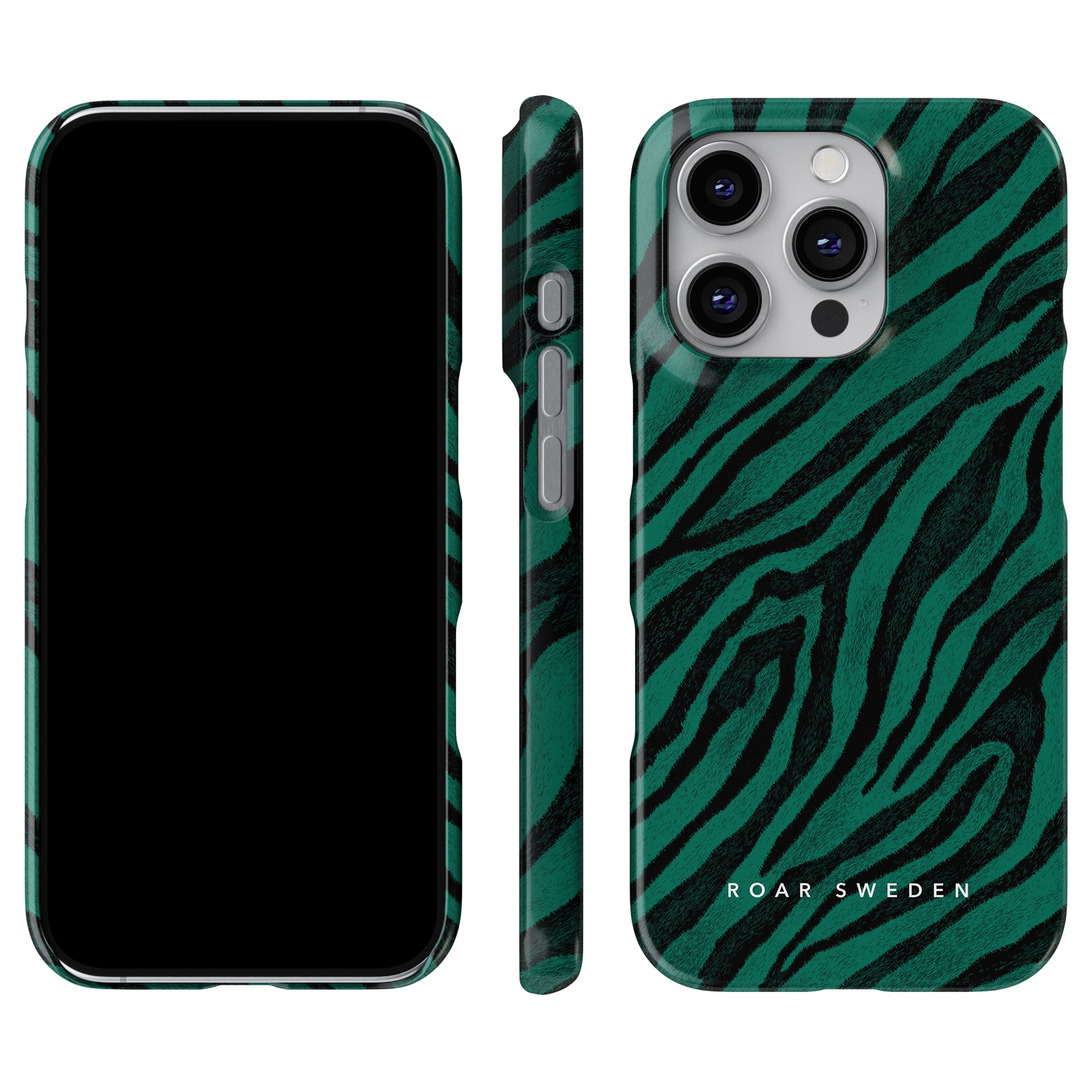 The Nala Slim Case showcases a djurlivsinspiration design with a green and black zebra pattern, illustrated on a phone from front, side, and back angles. The back is inscribed with the text "Roar Sweden.