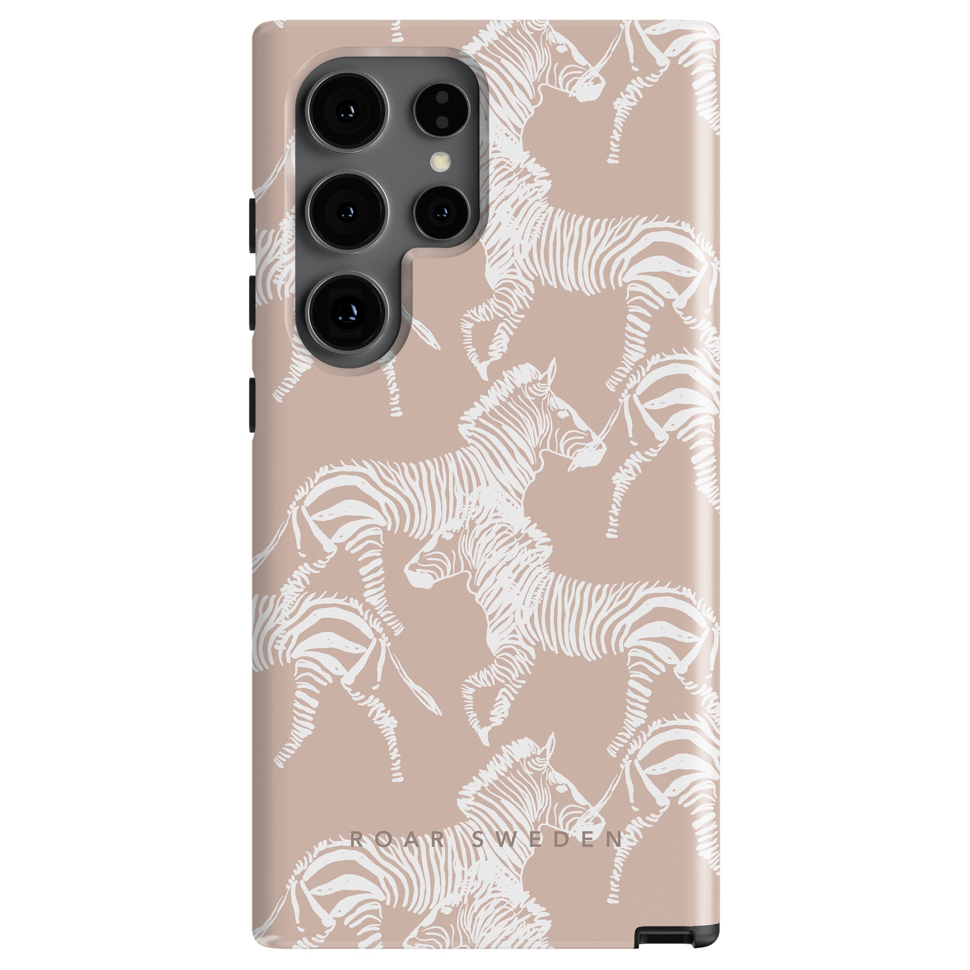 Phone case with a beige background featuring a white zebra pattern and four camera cutouts, designed by Ideal of Sweden. This safari-inspirerat design combines elegance and adventure, perfect for the Namibia - Tough Case.