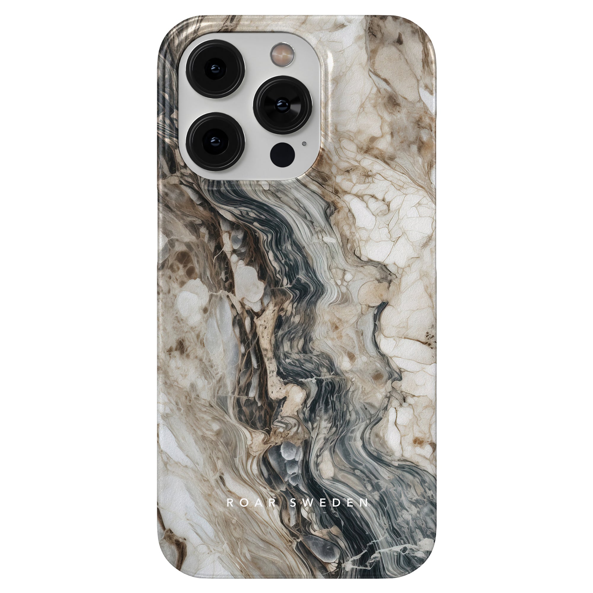 A phone case with a marbled stone design in shades of brown, white, and gray, featuring the text "ROAR SWEDEN" at the bottom. The Napoleon - Slim case is for a smartphone with triple rear cameras, crafted to högsta kvalité.