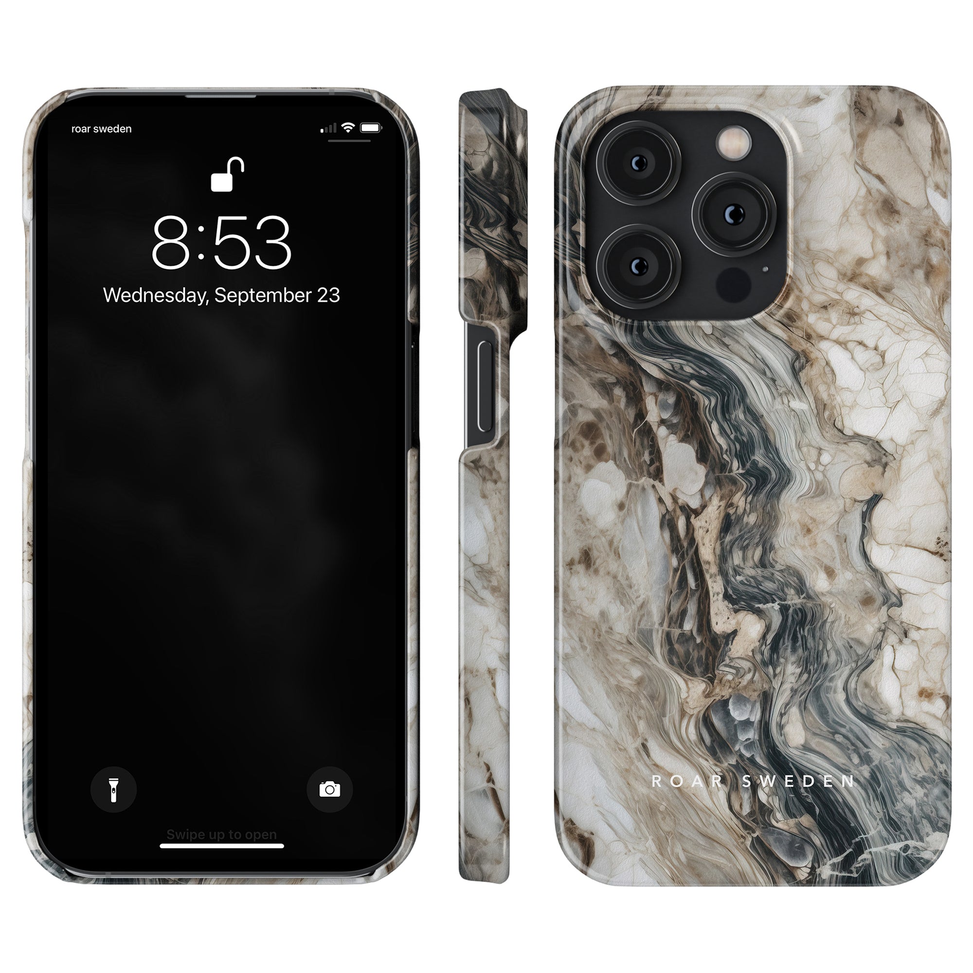 Image of a smartphone with a marble-patterned Napoleon - Slim Case from Roar Sweden’s Ocean-kollektion, displaying the lock screen with the time at 8:53 and the date Wednesday, September 23. The högsta kvalité case is shown from the back and side.