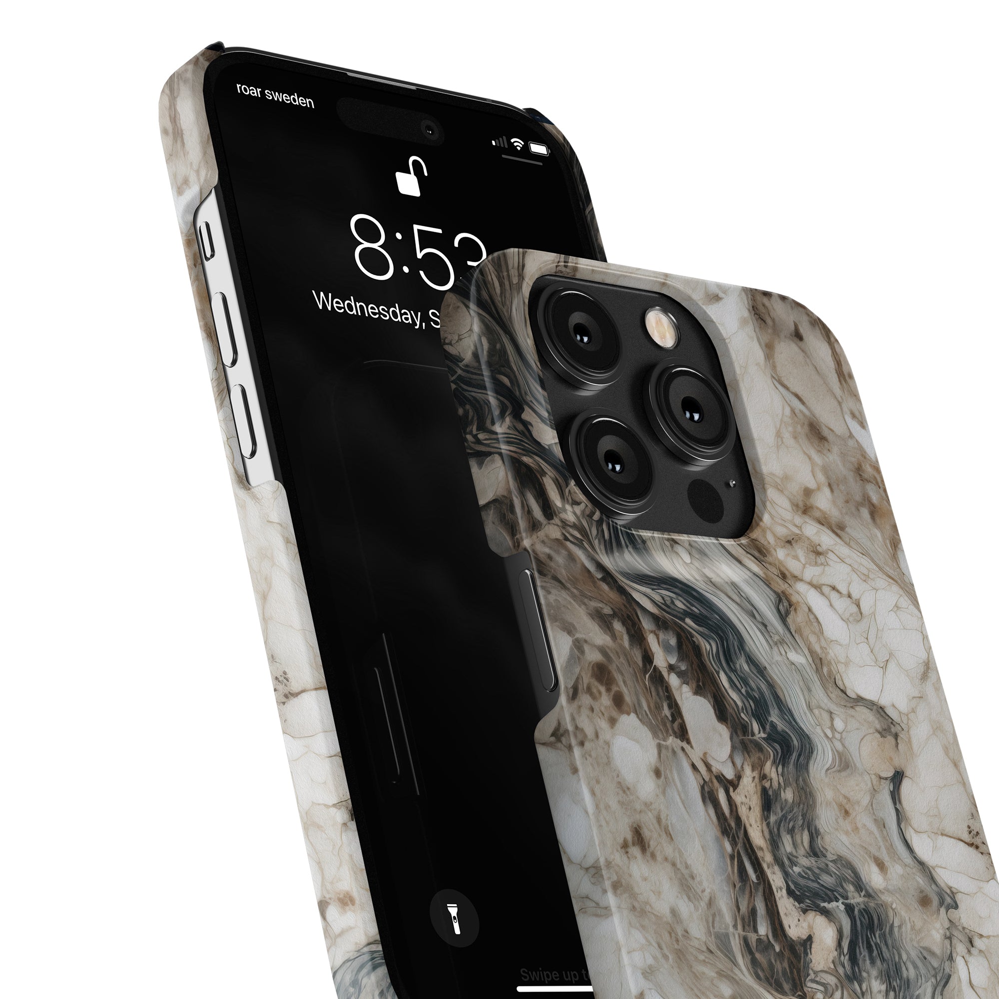 Close-up of a smartphone with a marble-patterned Napoleon - Slim case, displaying the lock screen at 8:53 AM.