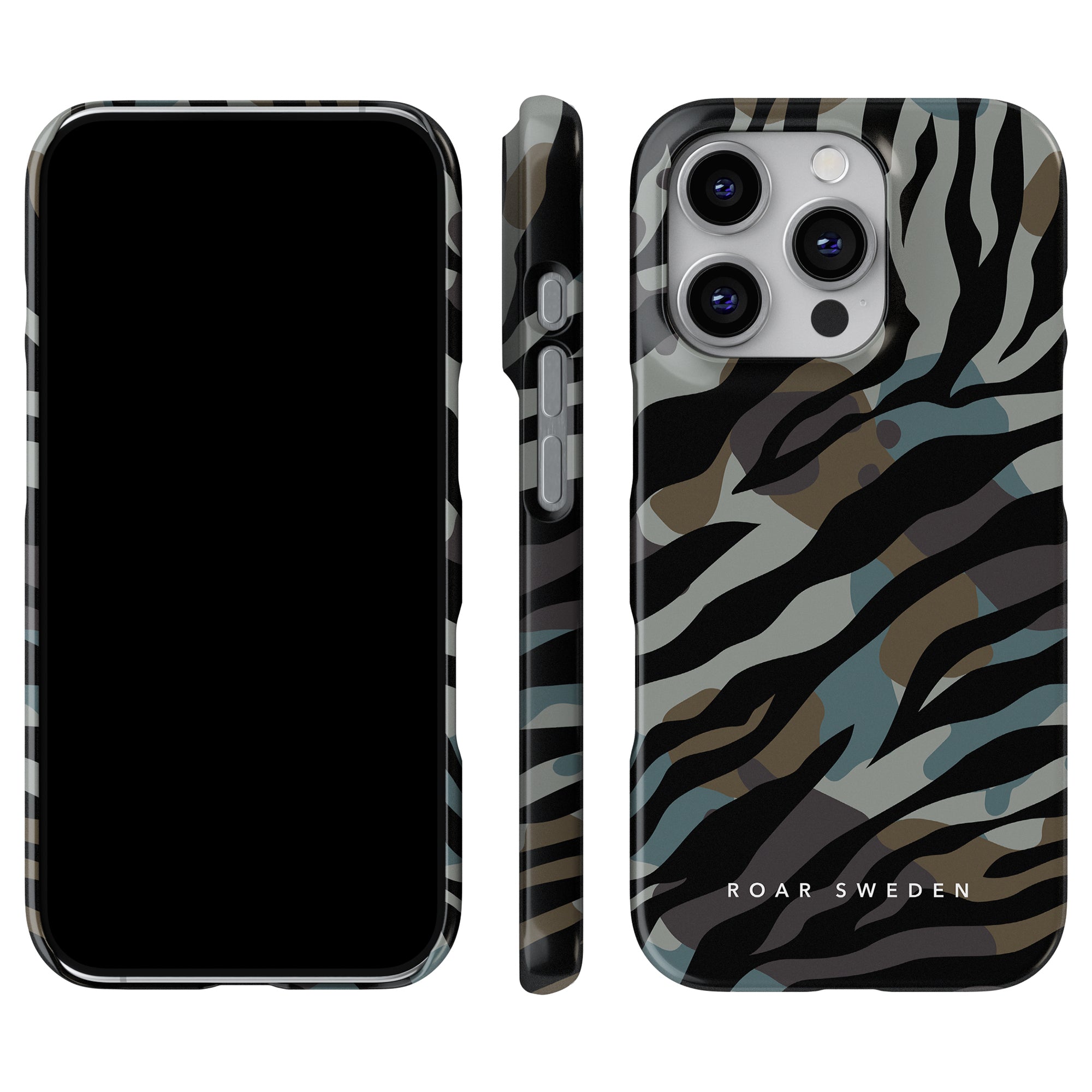 The Navy - Slim case is showcased from front, side, and back angles. Its back cover features a stylish camouflage pattern in black, gray, and green hues. "ROAR SWEDEN" adorns the case, highlighting its top quality.