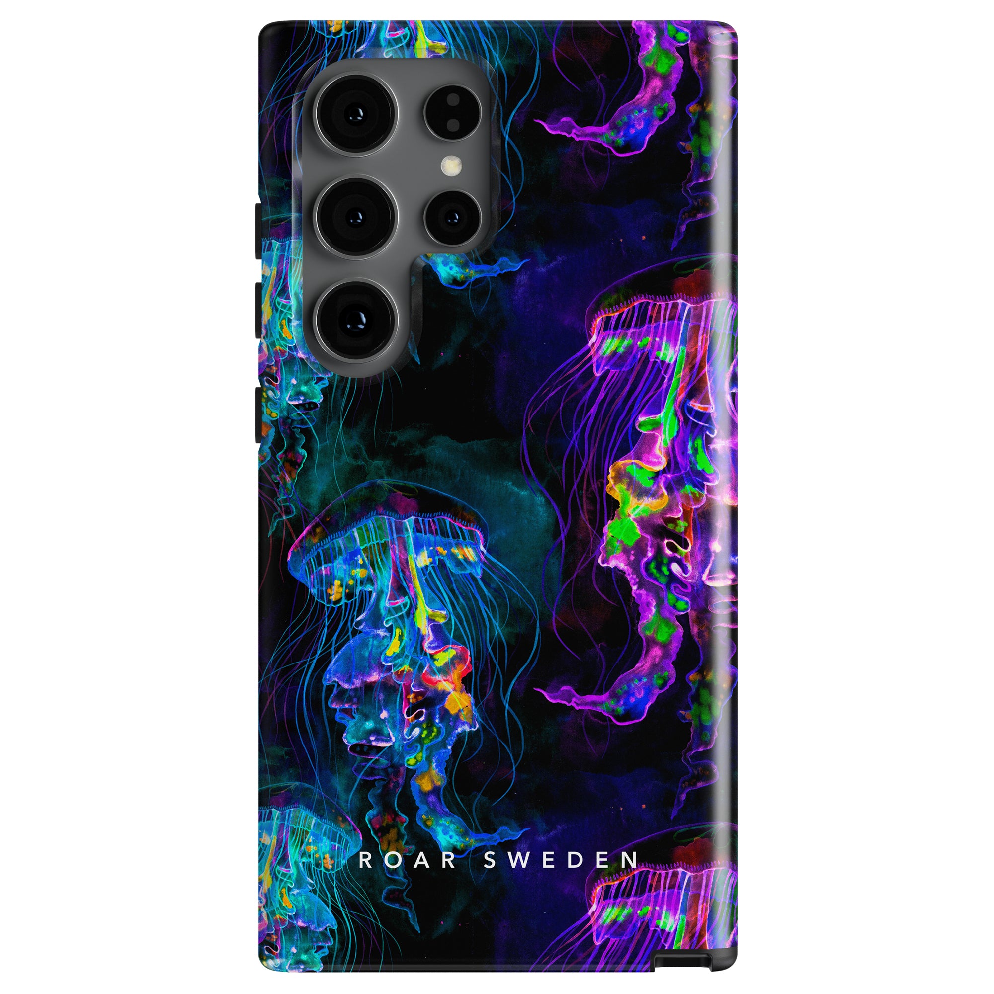 A smartphone with a colorful mobilskal labeled "Roar Sweden," featuring a Neon Jellyfish - Tough Case that offers avancerade skyddsfunktioner.