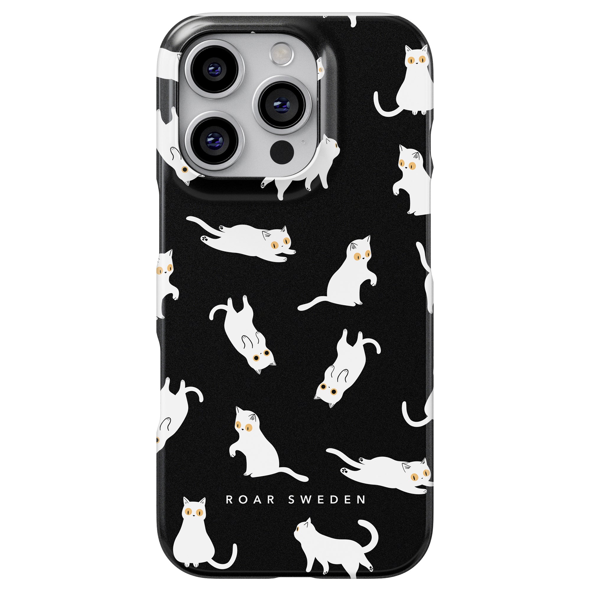 Presenting the Night Cat - Slim case, showcasing a fun design of white cartoon cats against an elegant black backdrop. Part of our esteemed Cat Collection, it displays "ROAR SWEDEN" at the bottom, perfectly encapsulating its charming kattmotiv.