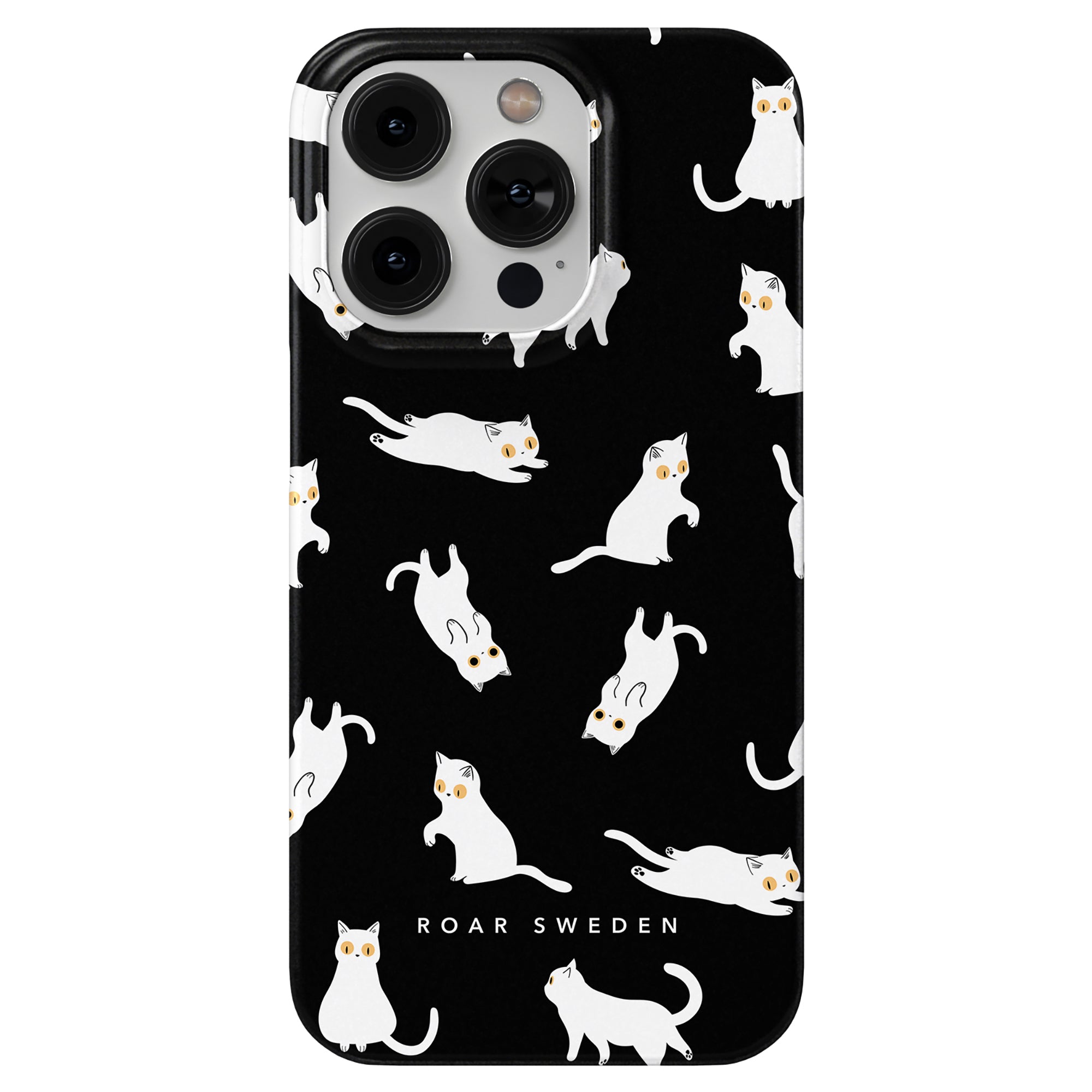 The Night Cat - Slim case boasts a sleek black background adorned with a charming kattmotiv pattern featuring white cats in various playful positions. As part of the exclusive Cat Collection, "ROAR SWEDEN" is elegantly printed at the bottom.