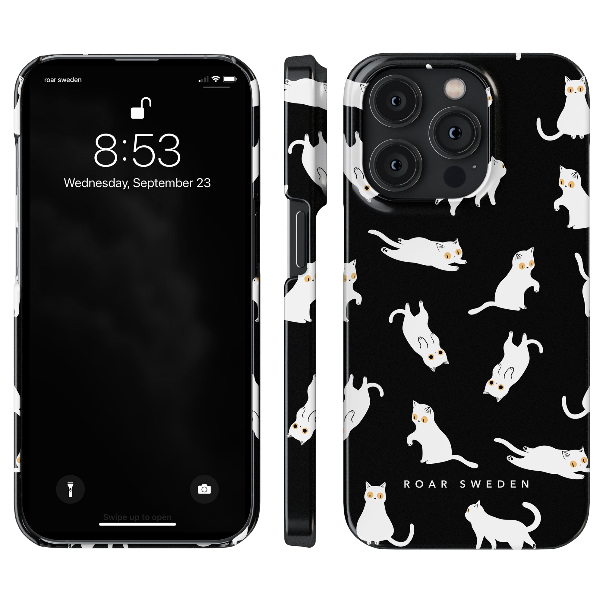 Night Cat - Slim case: A black smartphone case with a charming white kattmotiv pattern from the Cat Collection, adorned with "Roar Sweden" branding.