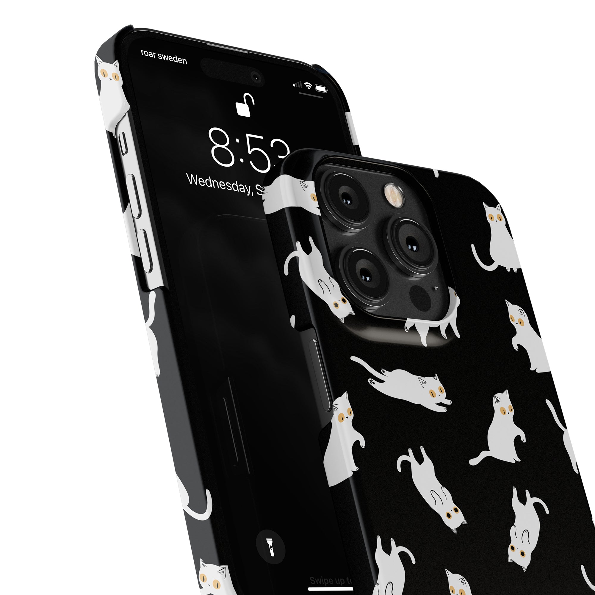 Smartphone encased in a Night Cat - Slim case, displaying a lock screen at 8:53 on Wednesday, September 7. The phrase "rose Sweden" decorates the top as part of the whimsical Cat Collection.