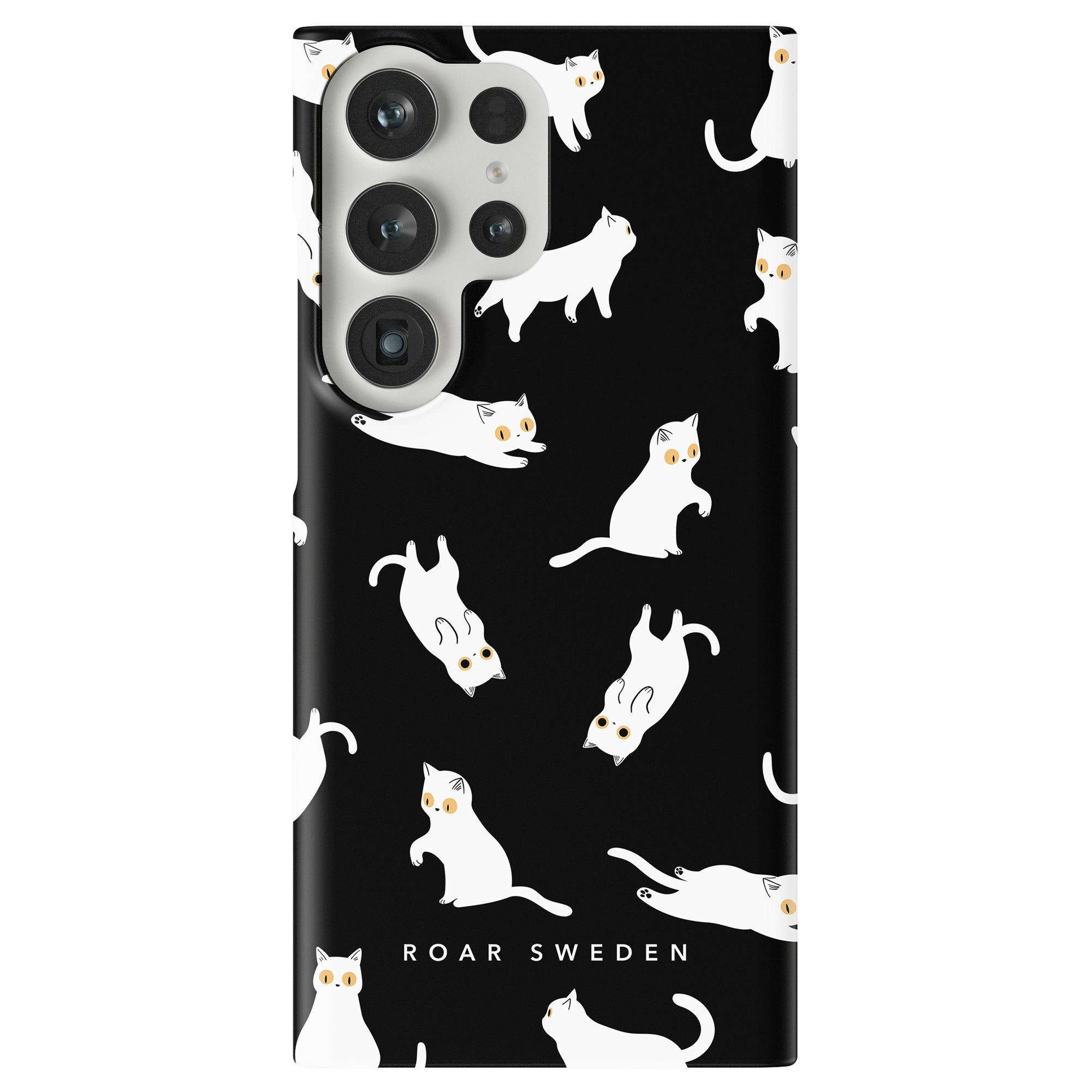 Night Cat - Slim case featuring a black background with a pattern of white cats in various poses, completed with "ROAR SWEDEN" text at the bottom.