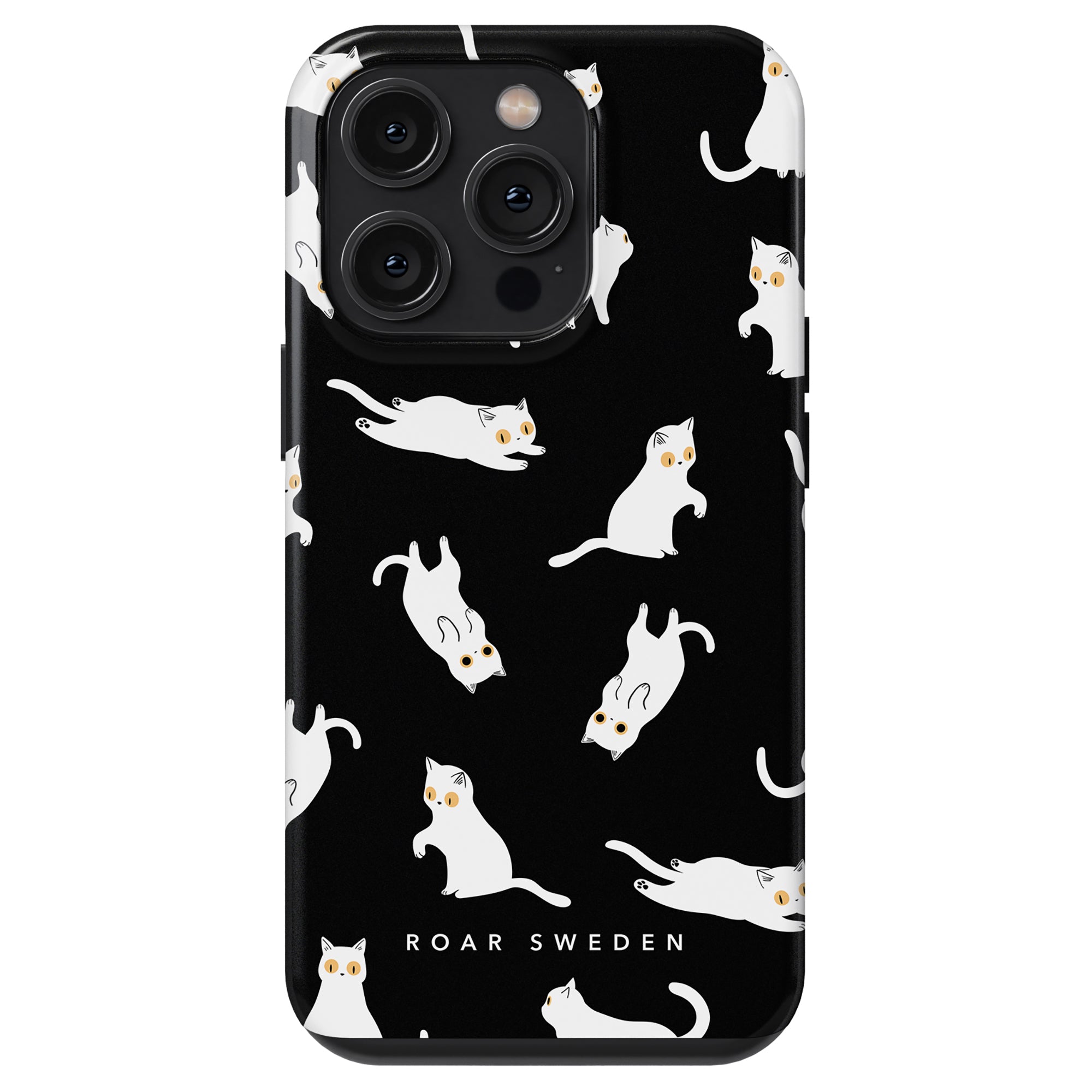 A smartphone featuring the "Night Cat - Tough Case" by Roar Sweden, highlighted by a kattinspirerad design of white cats on a black background.