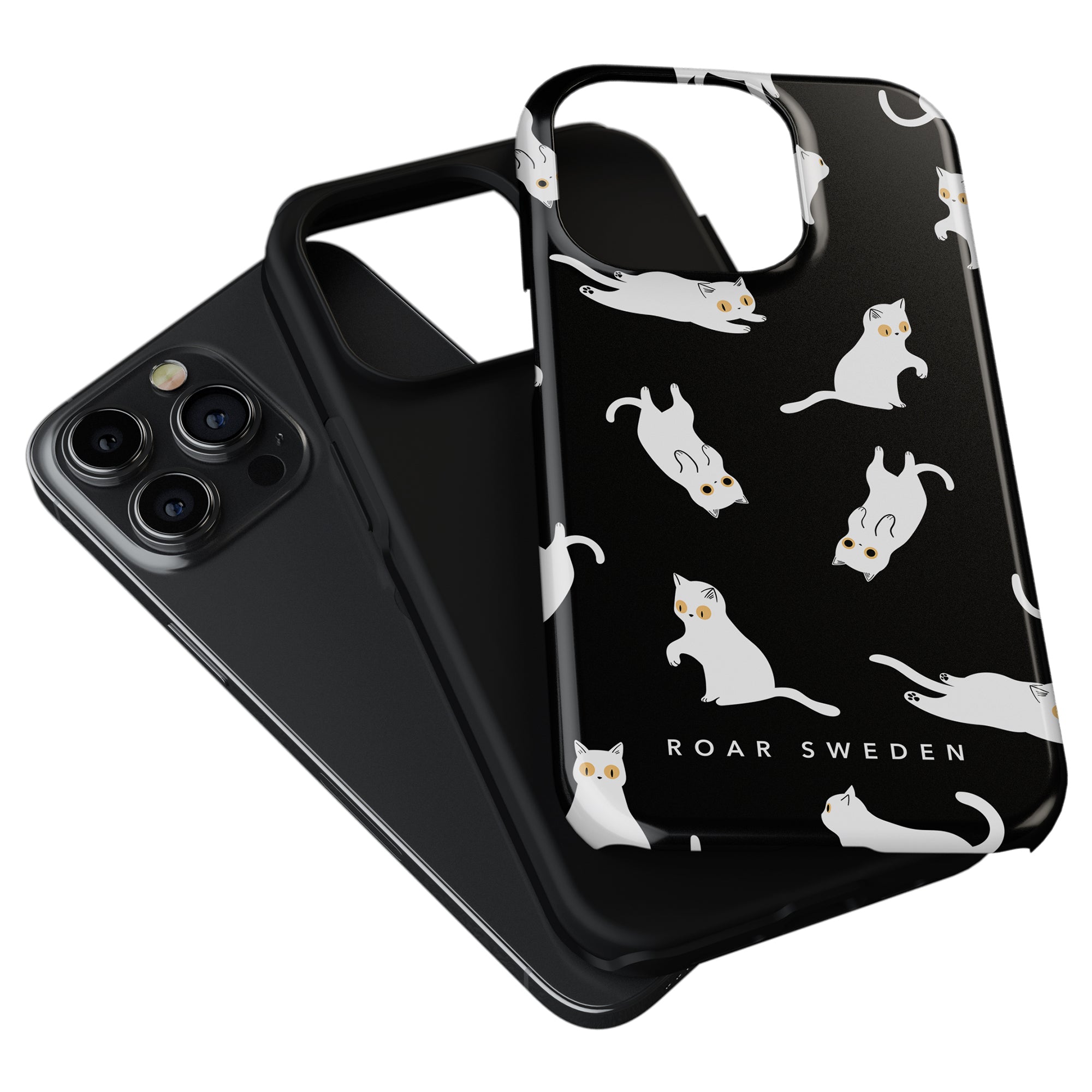 Black smartphone equipped with the Night Cat - Tough Case showcasing a kattinspirerad design of white cats, labeled "Roar Sweden" for ultimate protection.