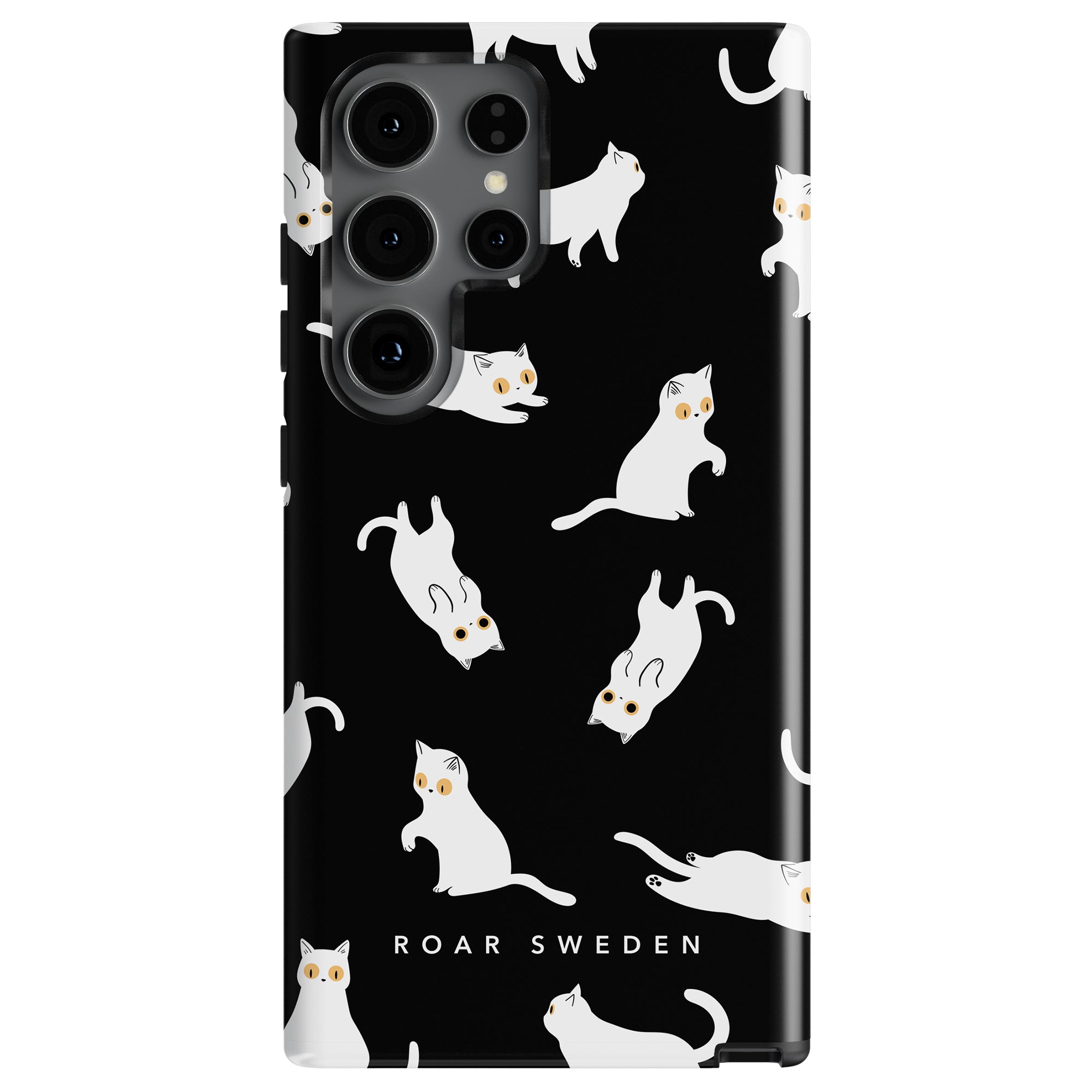 Introducing the Night Cat - Tough Case: a stylish and durable phone case with a black background adorned with an artistic design of white cats with yellow eyes in various poses. The "ROAR SWEDEN" text at the bottom adds a touch of flair, while providing ultimate protection for your device.