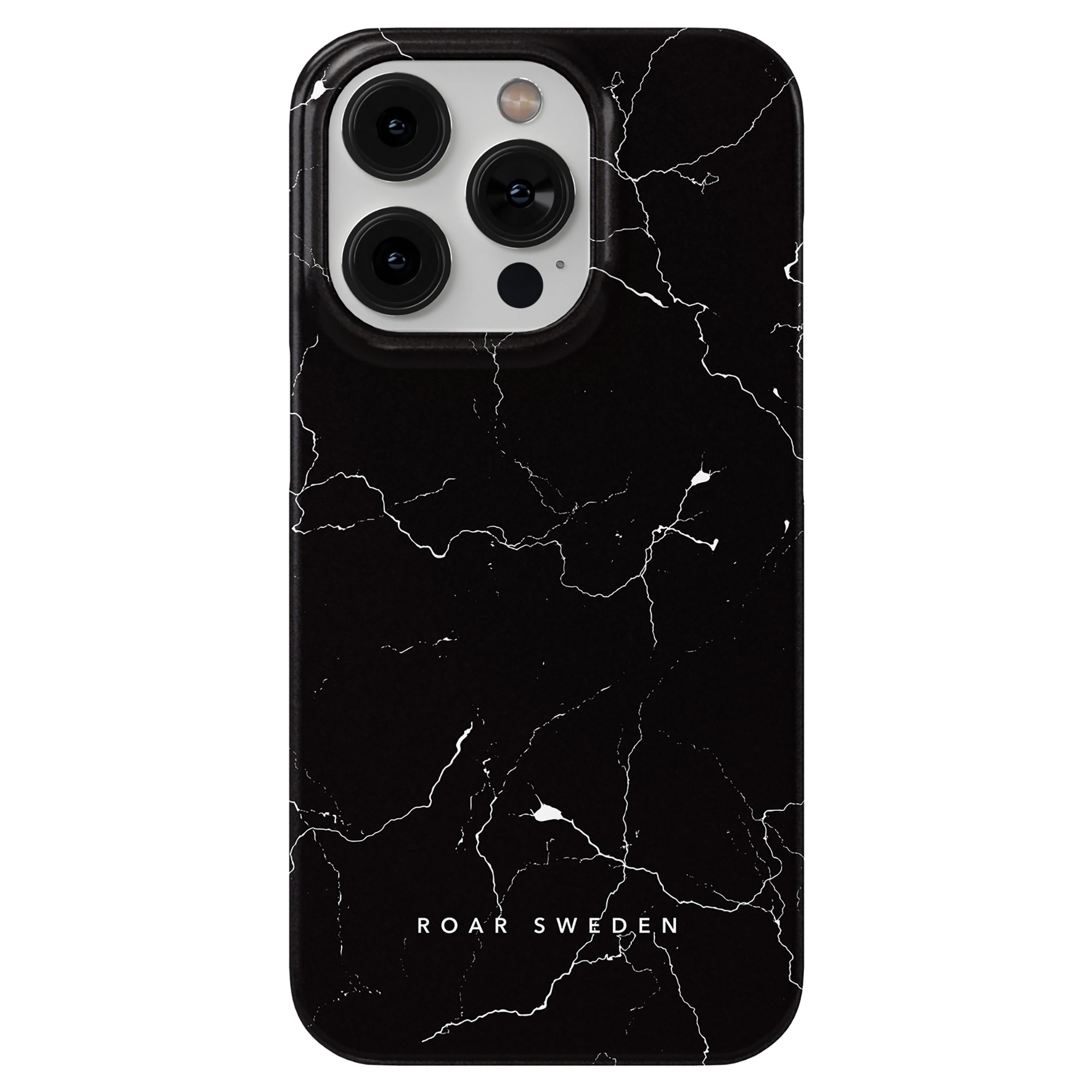 The Night Lightning - Slim case is a black smartphone accessory adorned with a striking white marble pattern, featuring three camera openings at the top left corner. The phrase "ROAR SWEDEN" is emblazoned at the bottom center. This elegant mobilskal combines stylish design with practicality, making it an ideal choice for those who value both aesthetics and functionality.