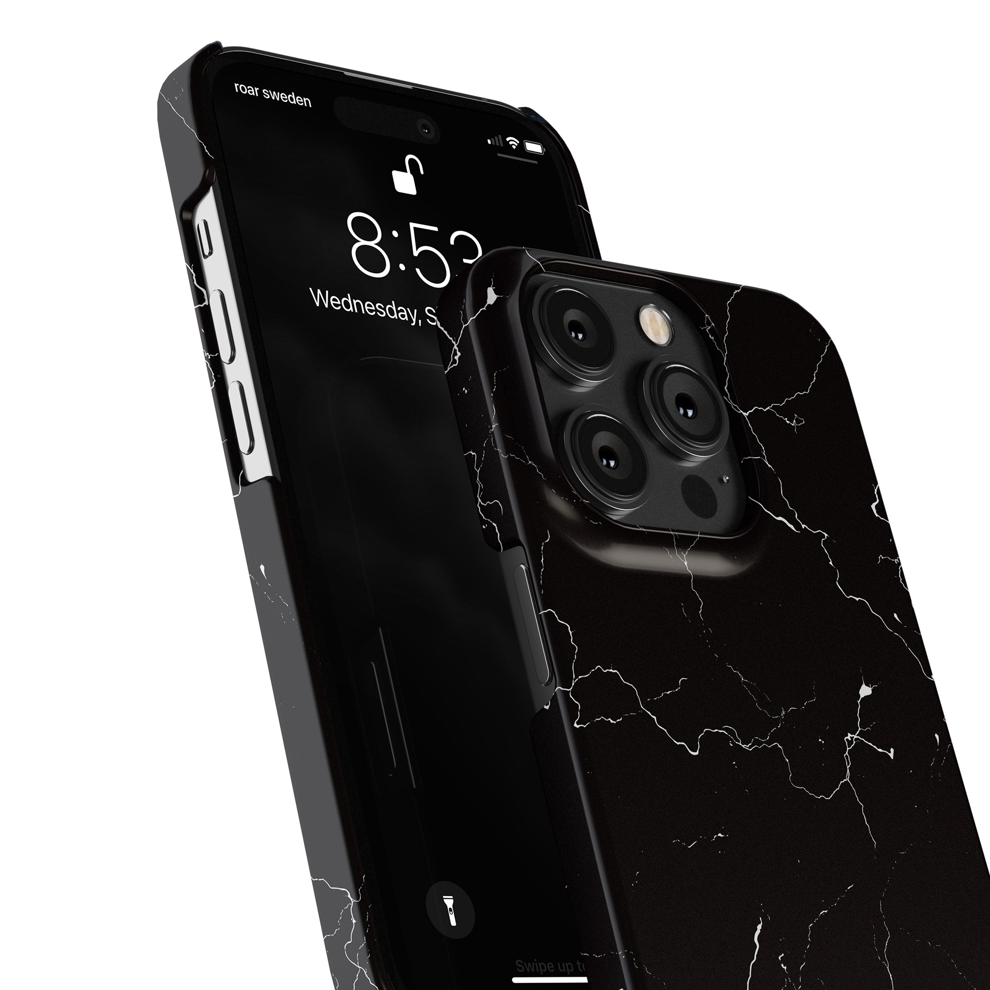 A close-up of a smartphone showcases its lock screen with the time 8:53 and the date Wednesday, September 7, encased in a sleek and elegant Night Lightning - Slim case featuring a black marble pattern.