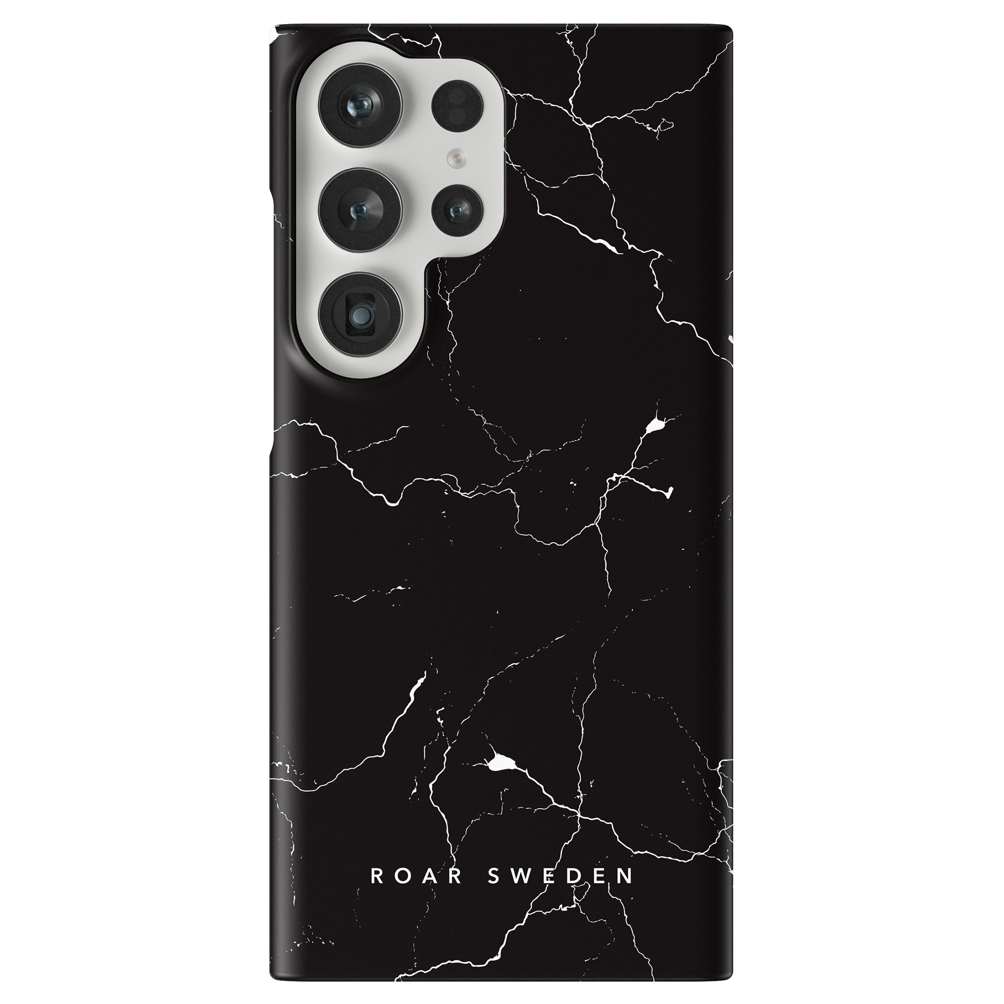 Introducing the Night Lightning - Slim case: an elegant black mobile case featuring a sophisticated white marble design and four precise camera lens cutouts, with the "ROAR SWEDEN" logo elegantly positioned at the bottom.