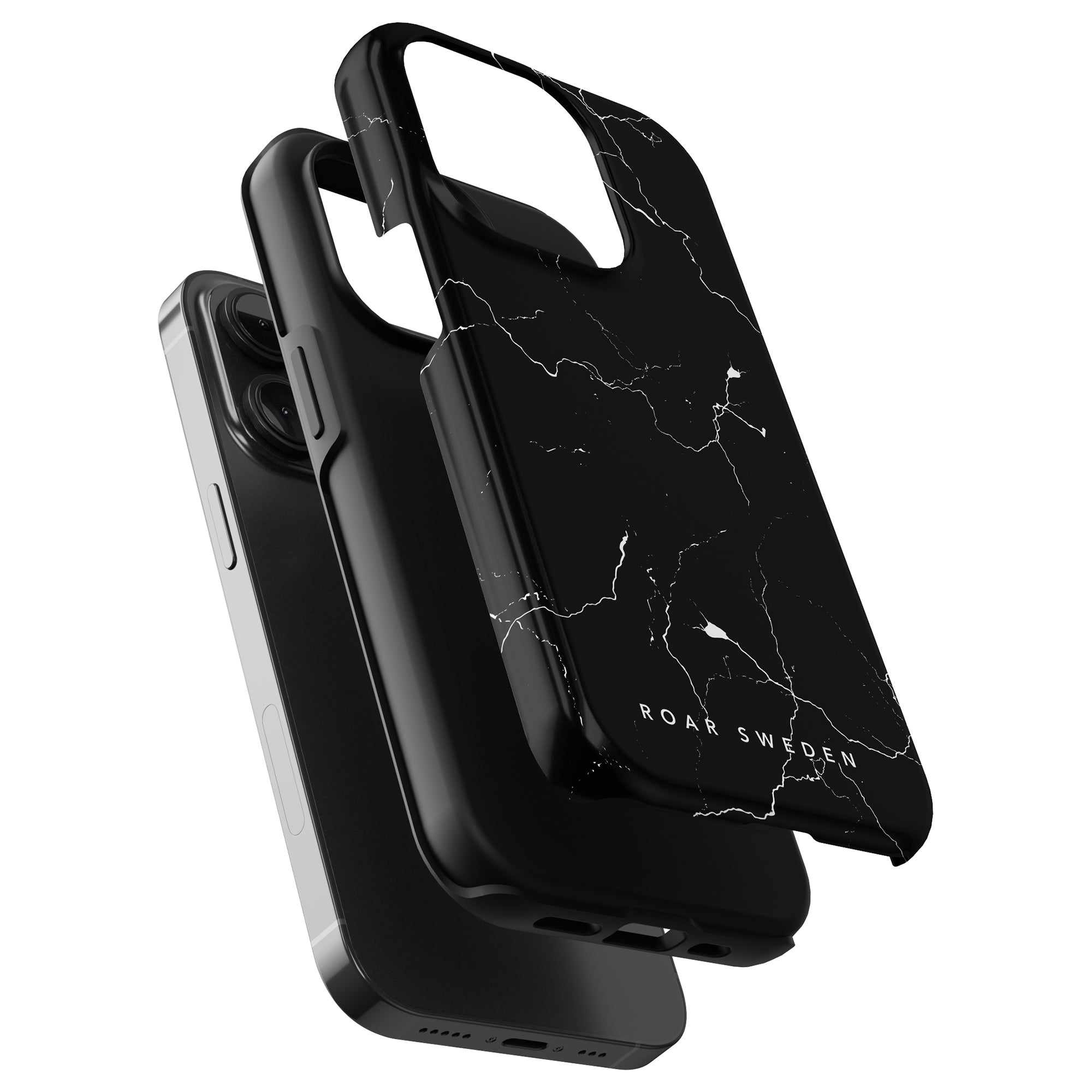 Three separate components of a black marble-patterned phone case, branded as "Roar Sweden," are displayed and stacked above a smartphone. Named "Night Lightning - Tough case," this elegant mobilskal is designed for maximalt skydd.